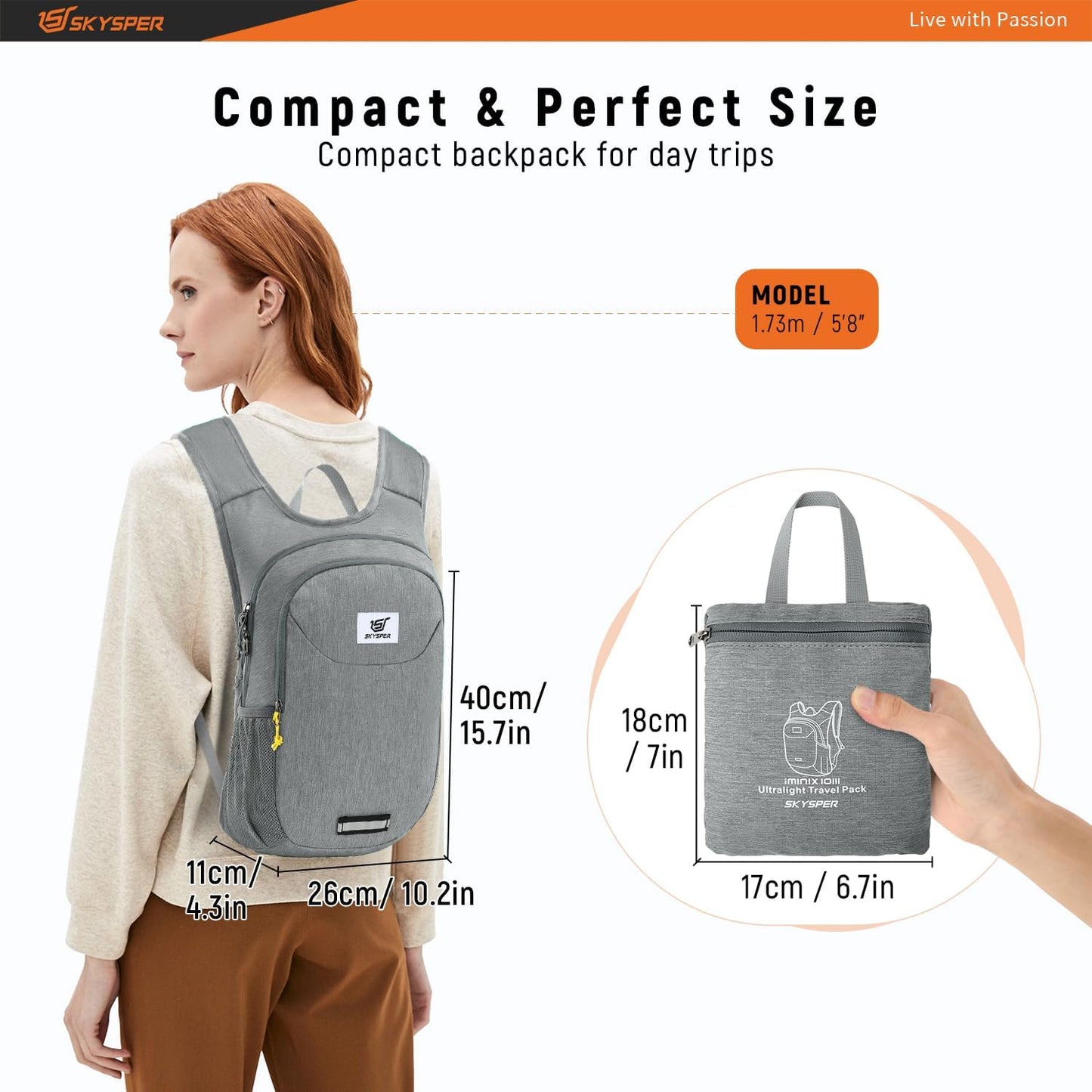 SKYSPER Small Hiking Backpack 10L Packable Lightweight Back Pack Foldable Travel Daypack for Women Men