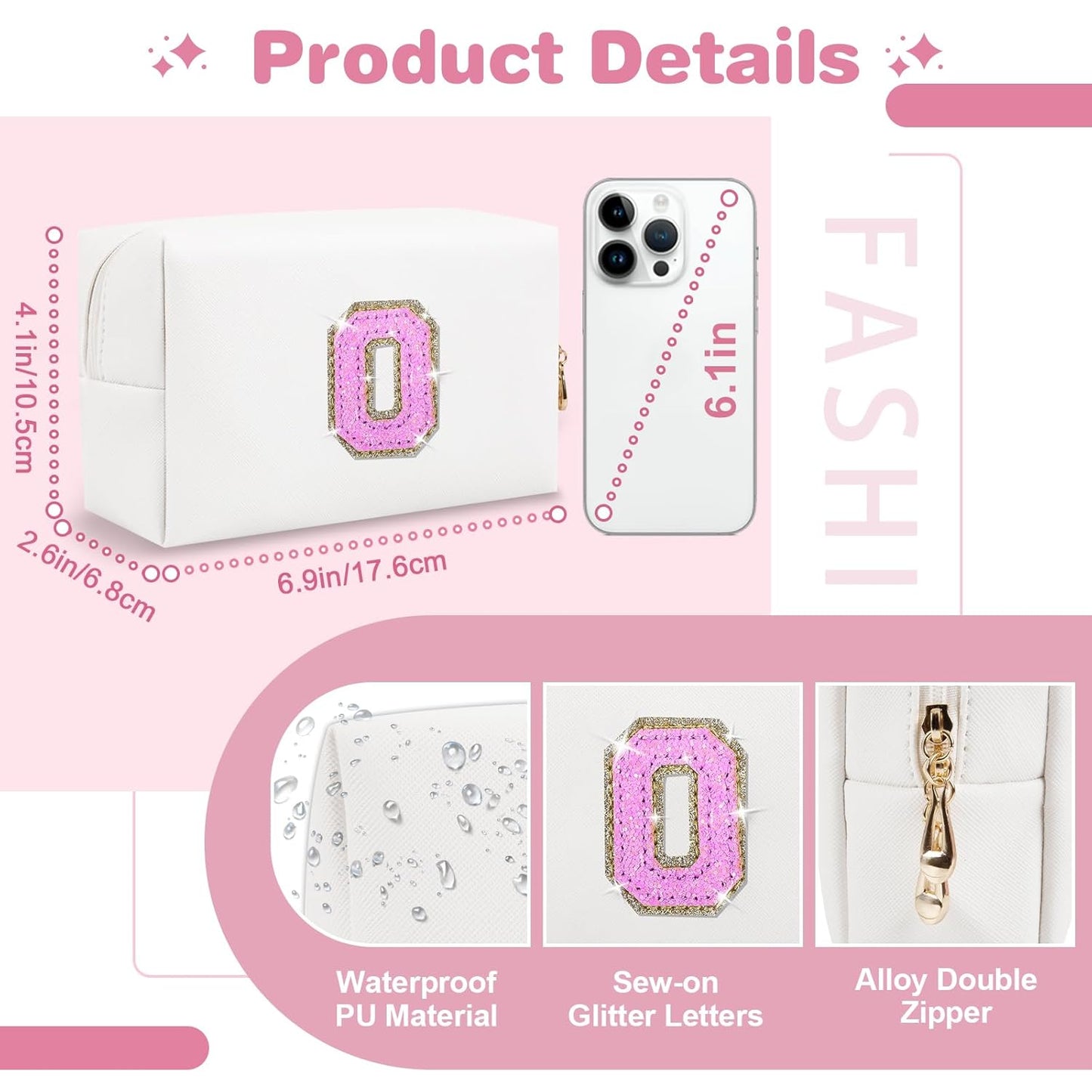 Small Initial Patch Makeup Bag Personalized Gifts Make Up Bag,White Cute PU Leather Glitter Letter Cosmetic Bag with Zipper,Trendy Portable Travel Toiletry Pouch,Preppy Stuff for Teen Girls Women O