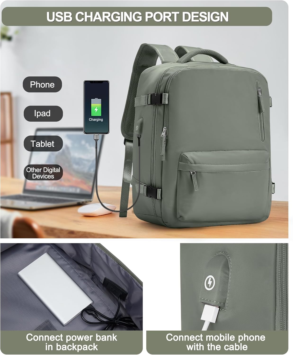 VGCUB Lightweight Travel Backpack for Women Men, Carry On Flight Approved Luggage, Water Resistant Laptop College Work Backpack Personal Item Daypack Bookbag Mochila de Viaje, Green