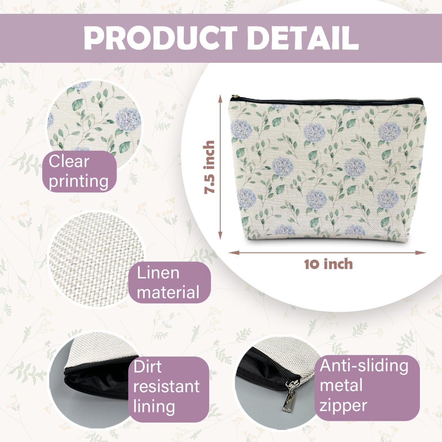 Blue Hydrangea Floral Makeup Bag - Aesthetic Toiletry Pouch for Women, Hydrangea Gifts