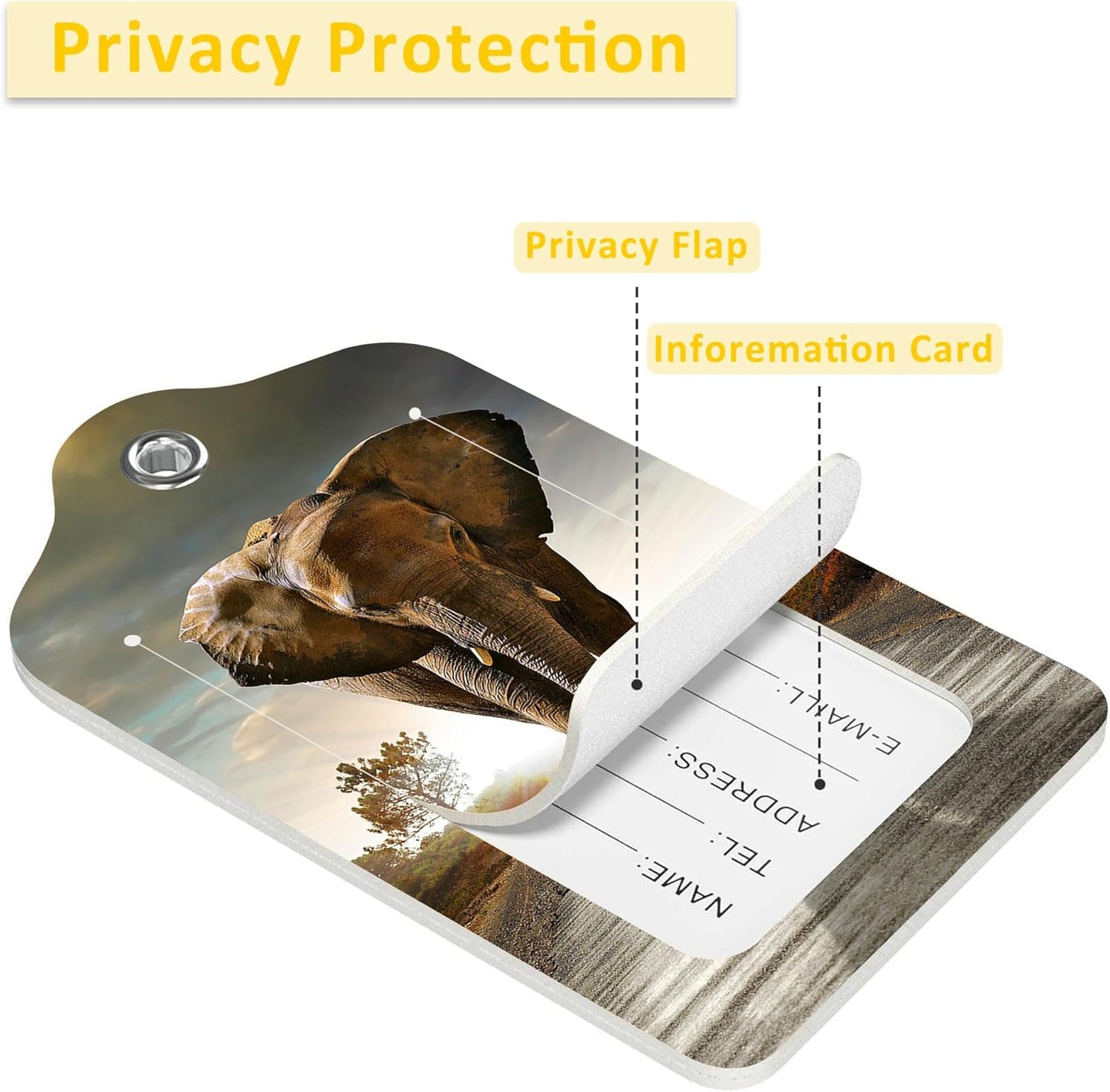 2 Pack Luggage Tags for Suitcases,Single Elephant Walking Luggage Tag,PU Leather Id Label Luggage Tags with Stainless Steel Loop and Privacy Cover for Women Men Teens Travel