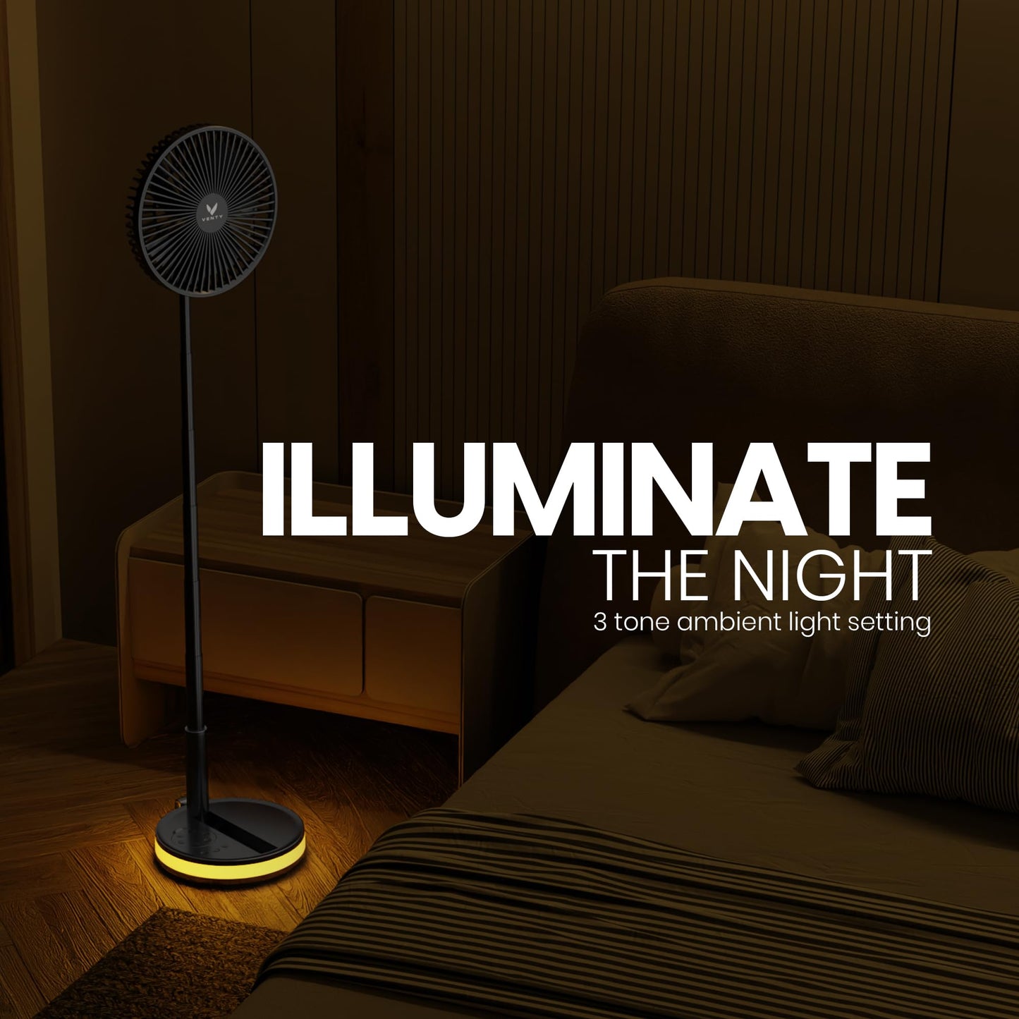 VENTY Portable Fan - Wireless Battery Operated Fan - 4 Speeds - LED Lighting - Carry Case & Remote