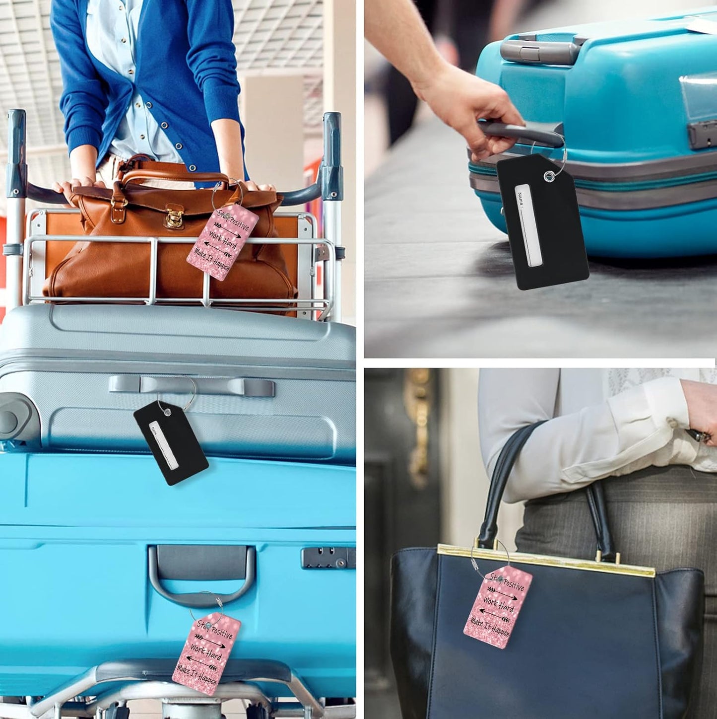 4 Luggage Tags, (1" Smaller Than Traditional) Perfect for Quick Luggage Identification with Stainless Steel Ring and Address Card for Travel and Luggage (Skeletons + Encouragement)