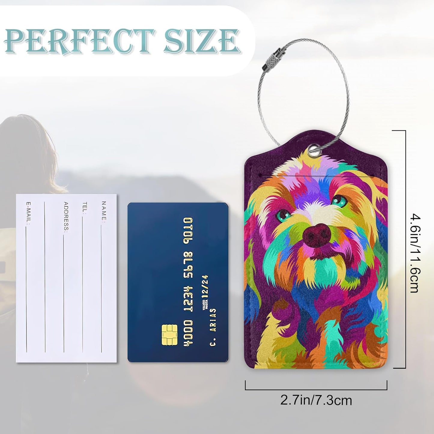 Luggage Tags for Suitcase,2 Pack Colorful Dog Abstract Luggage Tag PU Leather Privacy Cover ID Label with Stainless Steel Loop for Women Men Teens Travel