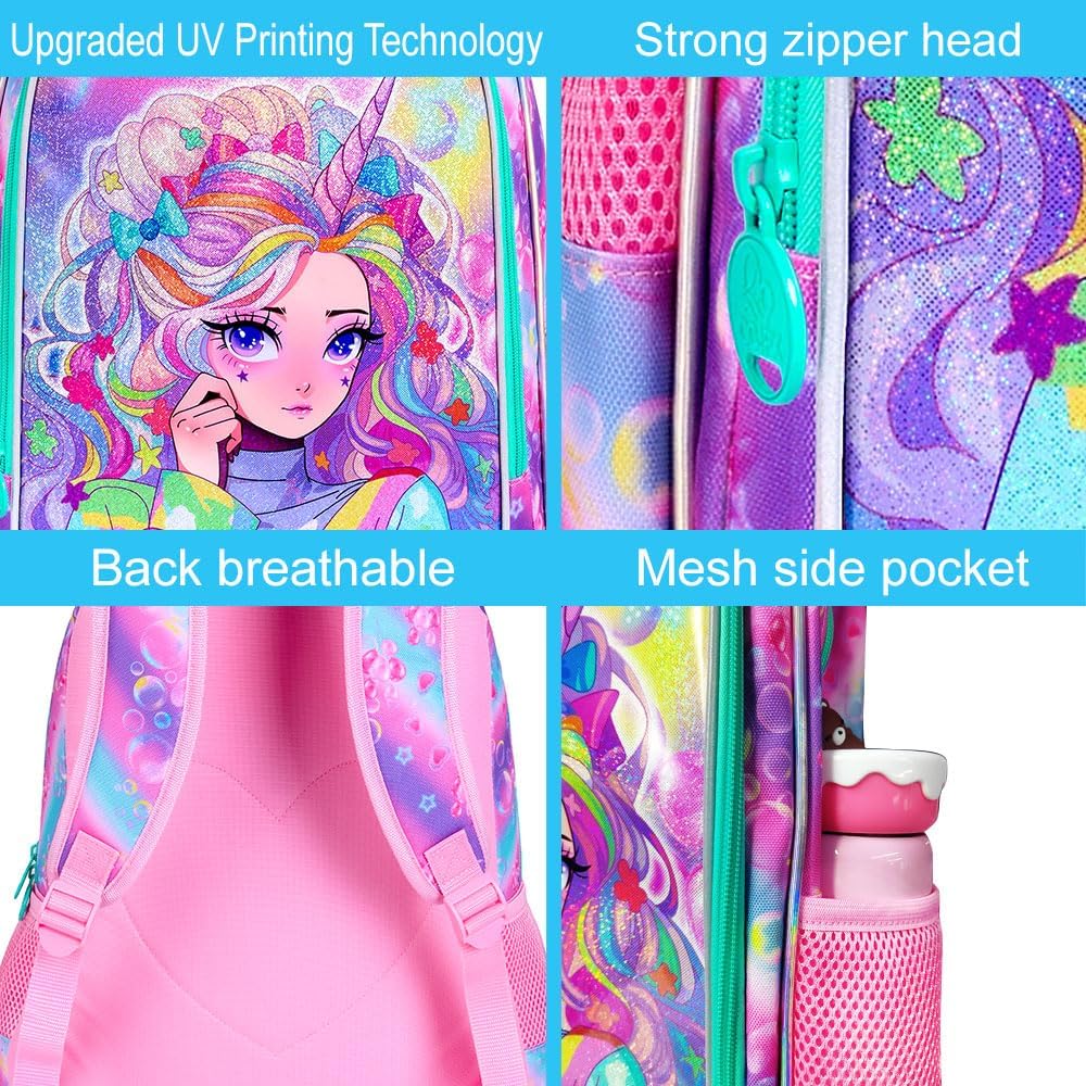 CCJPX 3PCS Backpack for Girls, 16" Unicorn Water Resistant Preschool Bookbag with Lunch Box, Kids Princess School Bags for Elementary Kindergarten Toddler