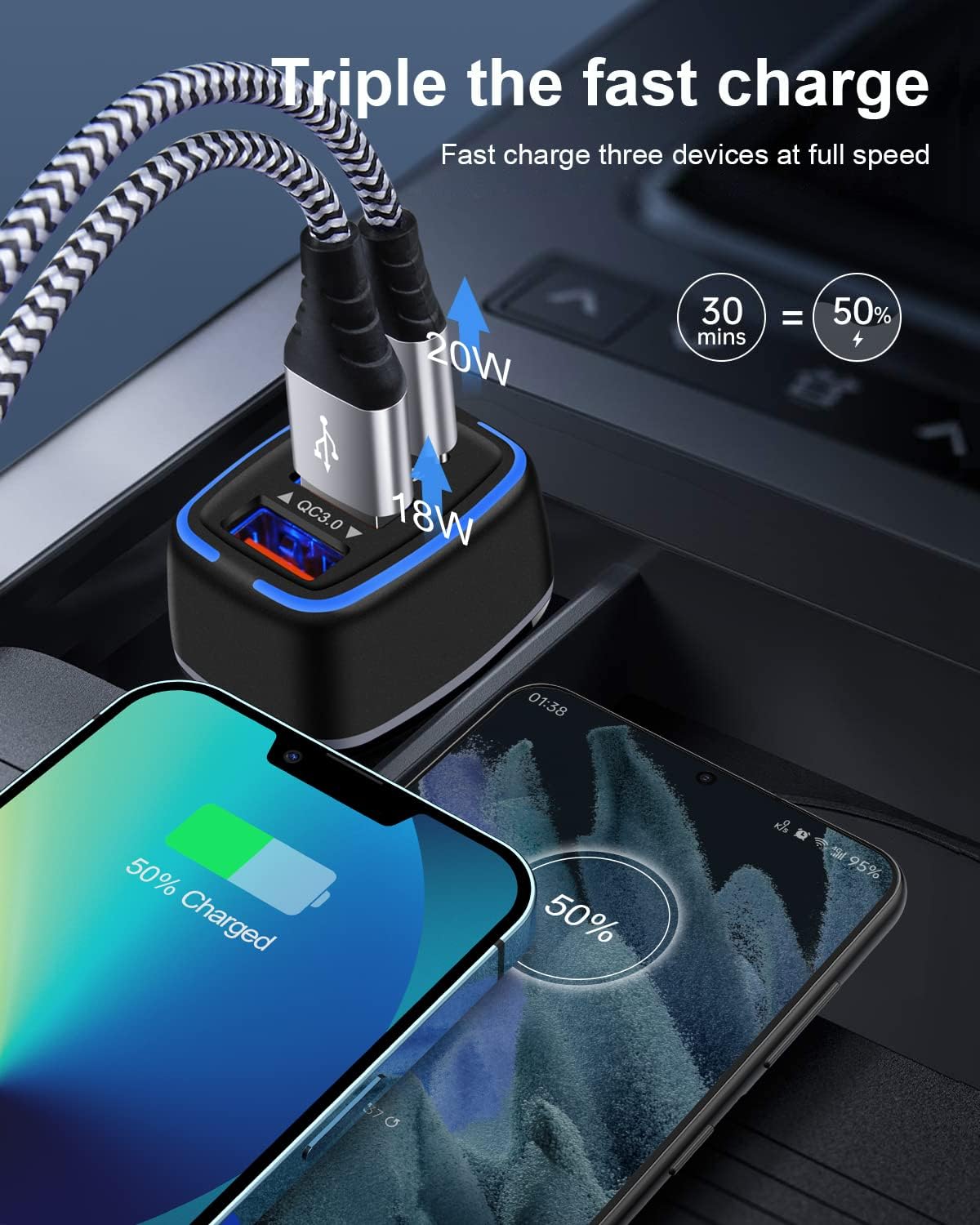 AILKIN 56W PD USB C Car Charger, Type-C Super Fast Power Charging Block 3-Port USB A & USBC Auto Cargador Carro Lighter Adapter for iPhone, iPad, Samsung Galaxy, LG, Google Pixel, Moto, USB-C&A Port