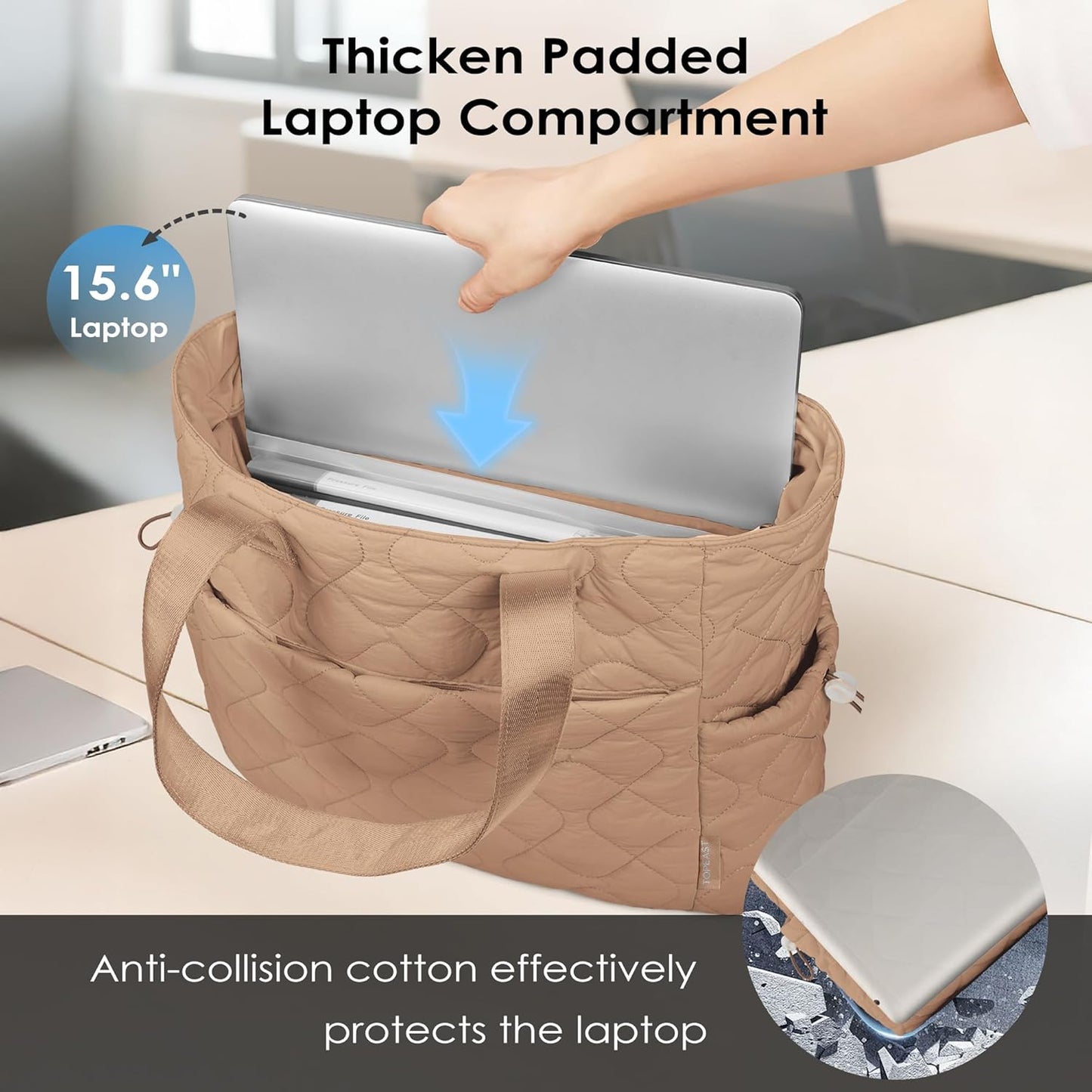 TOPEAST Tote Bag for Women Puffy Tote Travel Bag, Light 15.6" Laptop Work Handbag, Quilted Shoulder Bag Purse for Student Gym