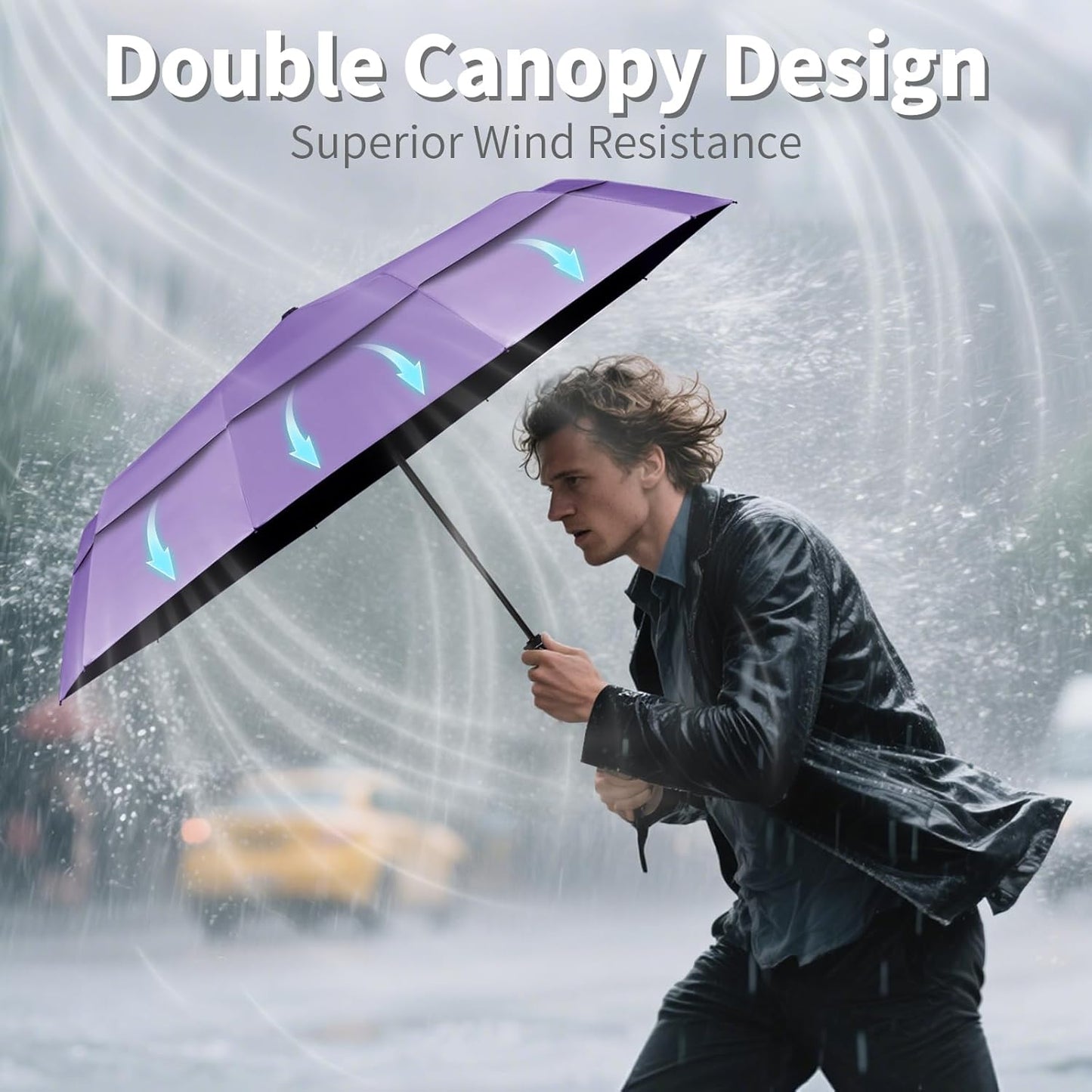 Seniny Travel Umbrella with Carabiner Handle, Windproof Large Umbrellas for Rain with Dual-Rib Structure, Portable Compact Umbrella with Reflective Strip, Car Backpack UV Umbrellas for Sun Protection