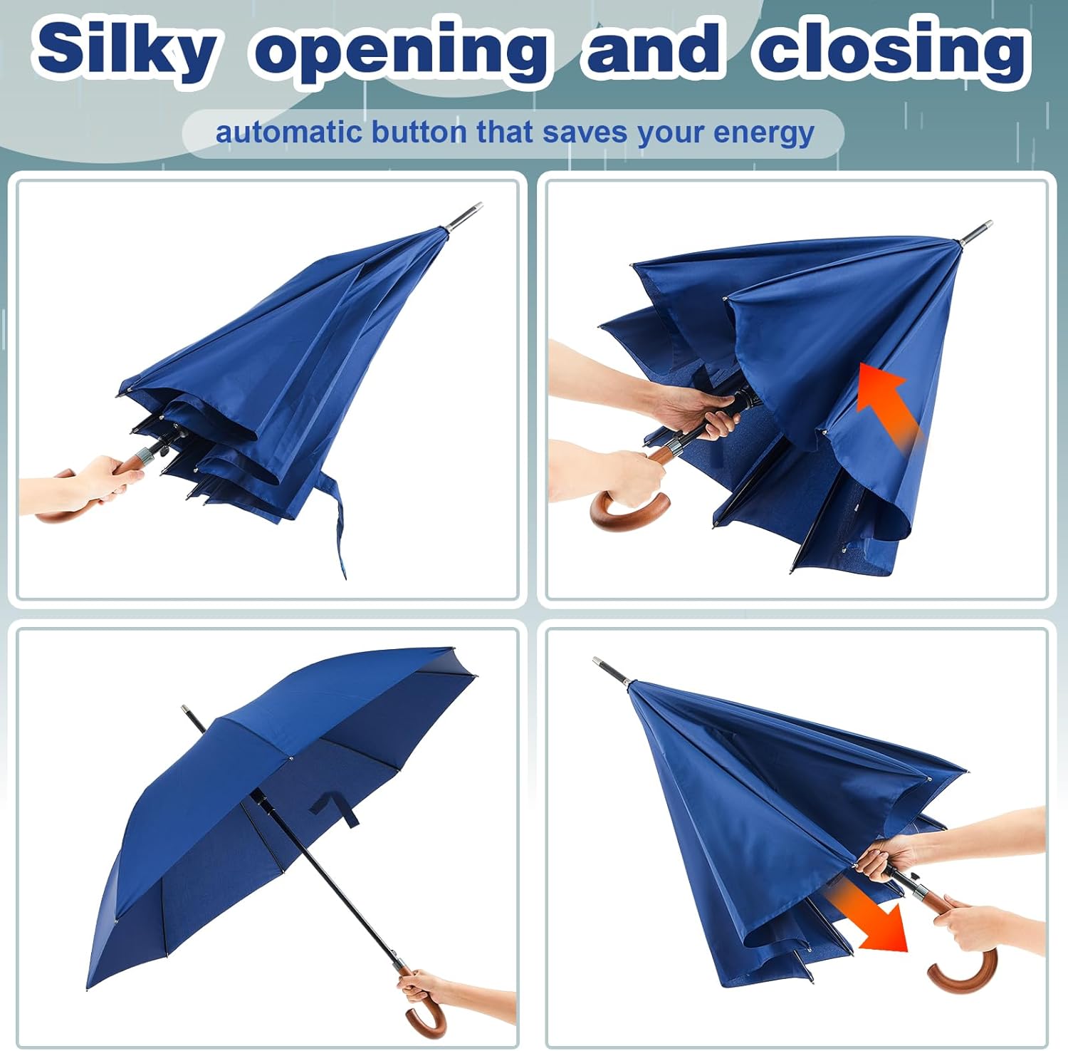 Silkfly 48 Inch Auto Open Umbrella Wooden J Stick Vintage Handle Windproof Unbreakable Wedding Fast
