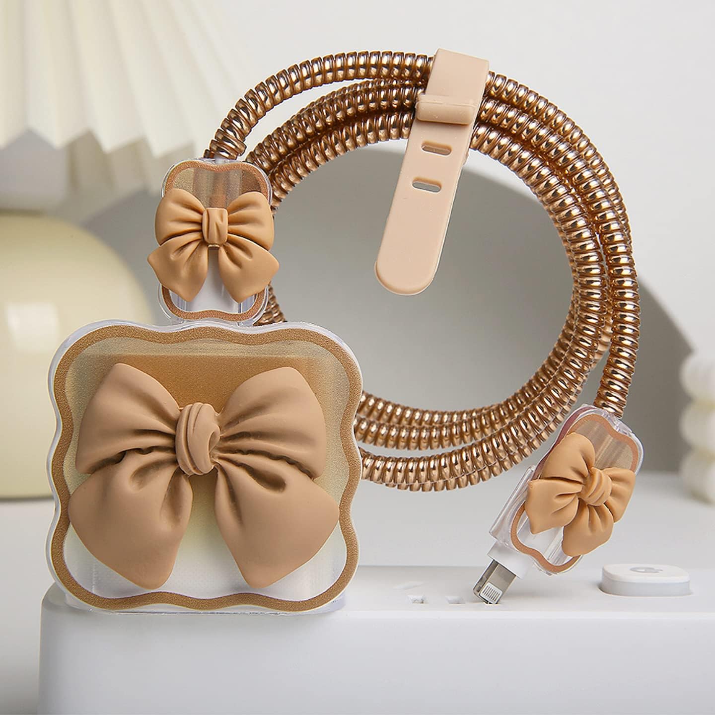Compatible with iPhone 18W/20W USB-C Charger Cover Cute 3D Bow Tie Design Clear Soft Charger Protector Kawaii Cable Saver for iPhone 11 12 13 14 Pro Max Fast Power Adapter, Brown 2 (5in1)