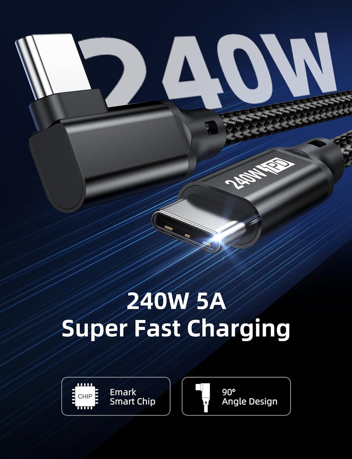 240W USB C to USB C Cable 6.6FT,PD 3.1 Type C to C 5A Fast Charging Cable Right Angle for MacBook Pro/Air,iPad Pro/Air/Mini,iPhone15/15Pro/15Plus/15ProMax,Samsung S24/S23/S22,Surface Book2,Pixel