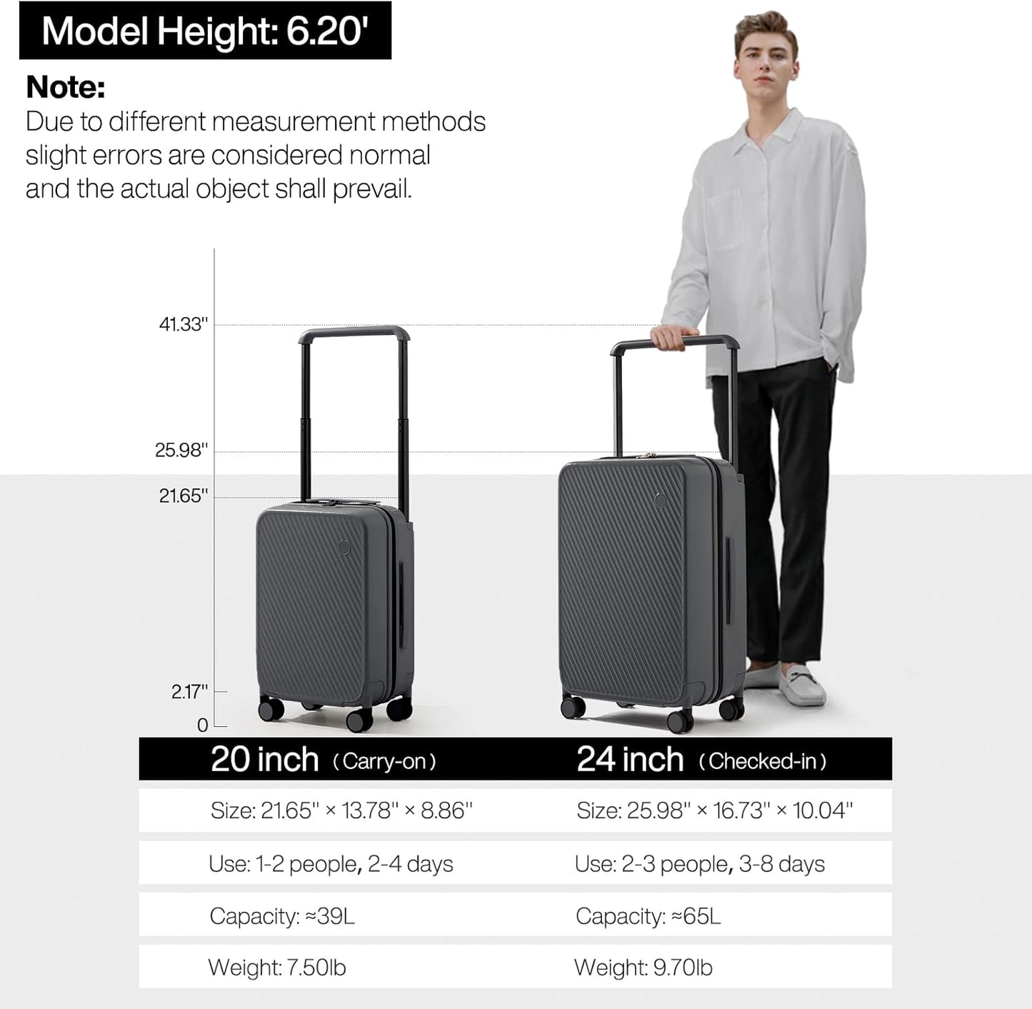 mixi Luggage Suitcases With Spinner Wheels,Upgrade Wide Handle PC Hardshell Rolling Travel Suitcase with TSA Lock, Checked-Medium 24-Inch, Rock Gray