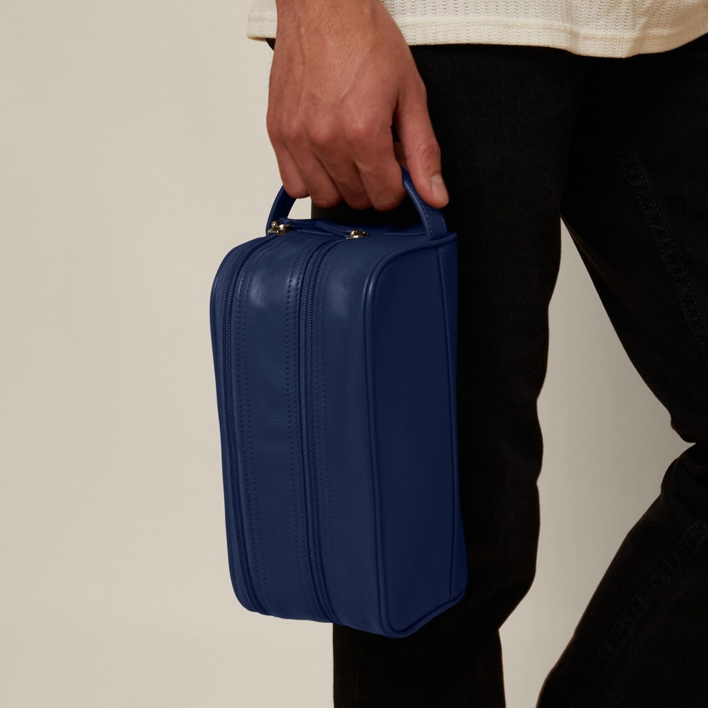 Leatherology Navy Blue Leather Toiletry Bag – Small Double Zip Dopp Kit – Full Grain Leather Travel