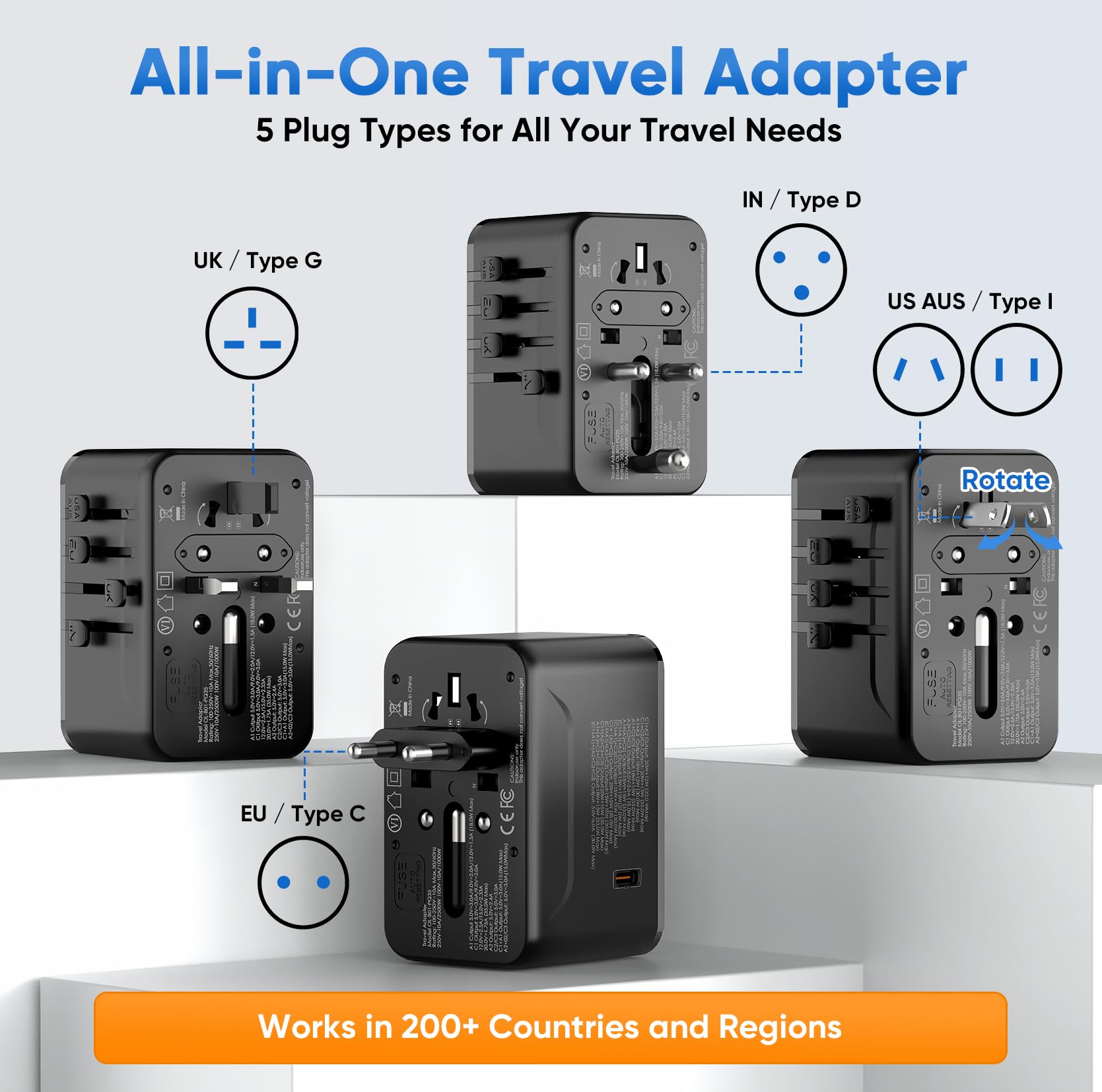 Universal Travel Adapter, International Power Adapter GaN, Type C/G/D/I/A