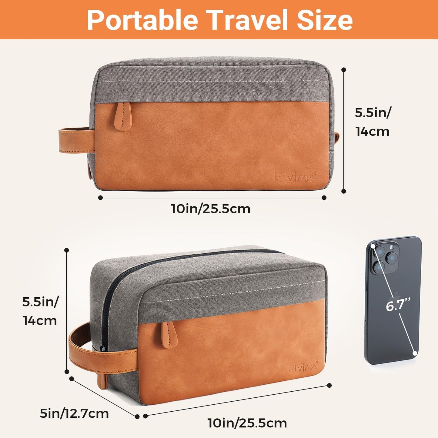 Elviros Travel Toiletry Bag for Men, Hanging Toiletries Bag Water Repellent Dopp Kit PU Leather Travel Bag for Toiletries Accessories, Grey