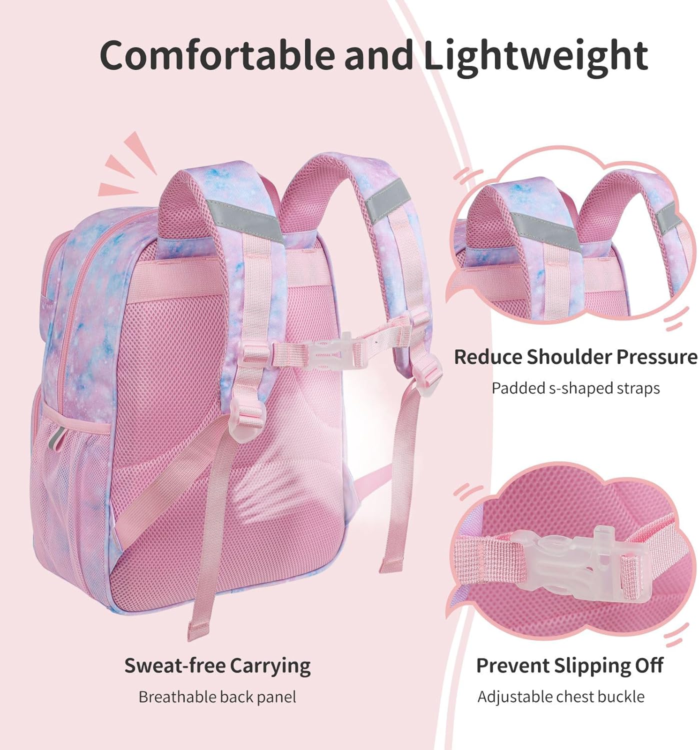 Kids Backpack for Girls - 15 Inch Backpack for Kids 3 to 8, Lightweight Bookbag for Preschool Kindergarten Elementary School, Insulated Pocket, Safe Reflective Stripe, Pink Tie-dye