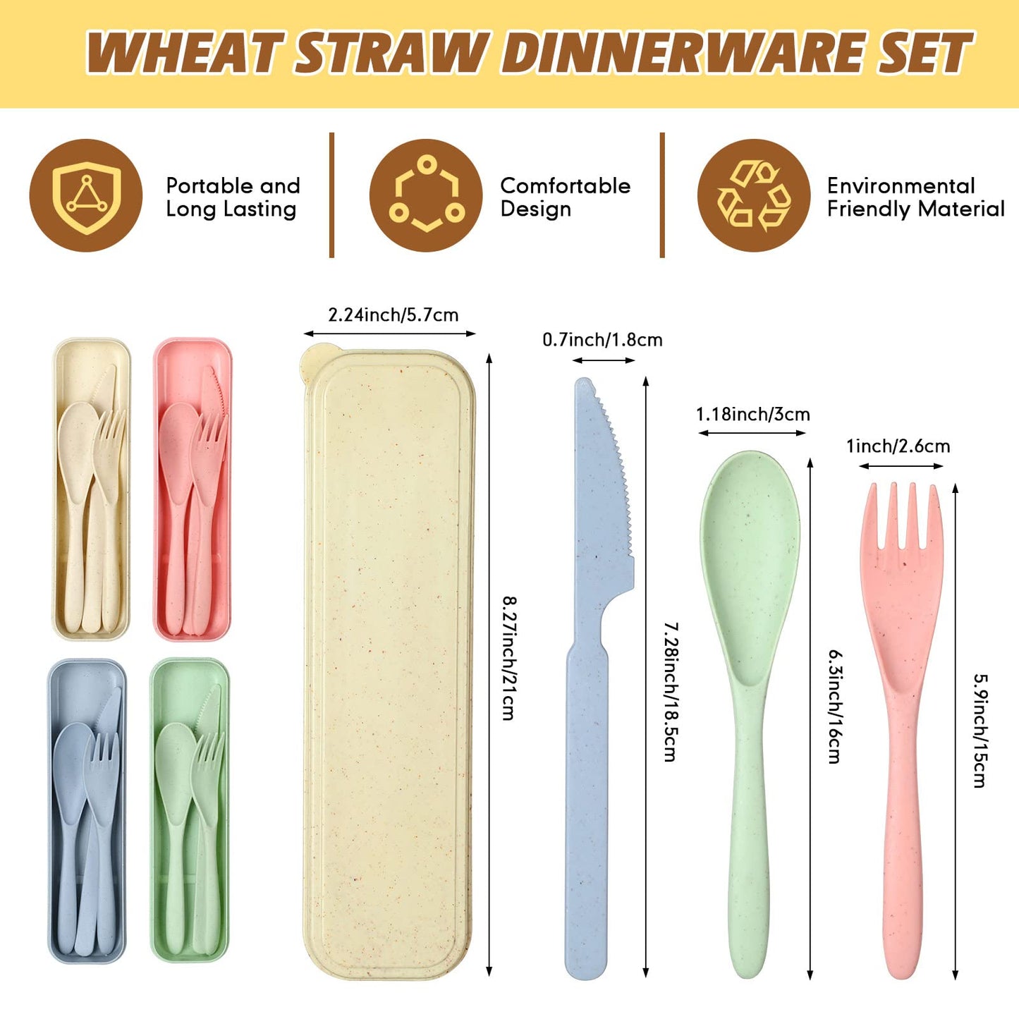 Jinei Reusable Travel Utensils Set Wheat Straw with Case,Bright