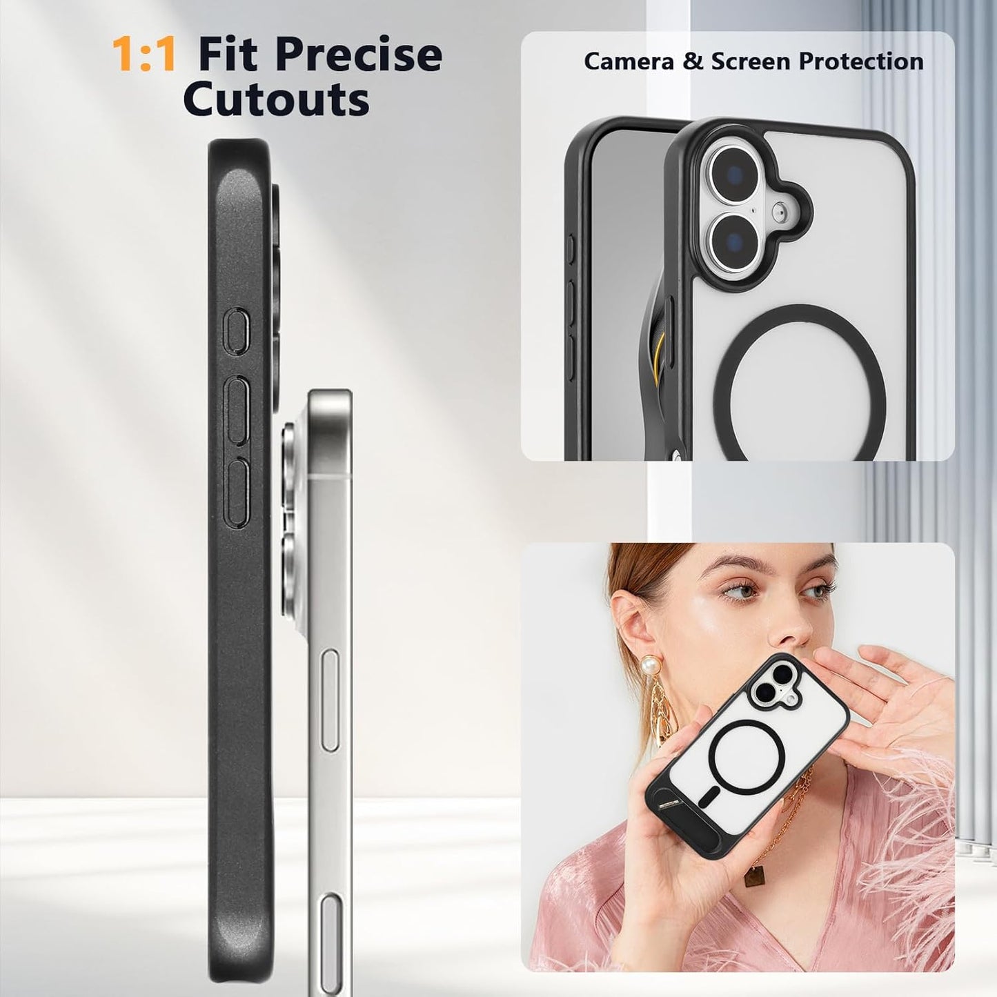 Tikoo Strong Magnetic for iPhone 16 Case with Magsafe and Built-in Invisible Kickstand Slim Translucent Matte Military Grade Protective Phone Case for iPhone 16 6.1”