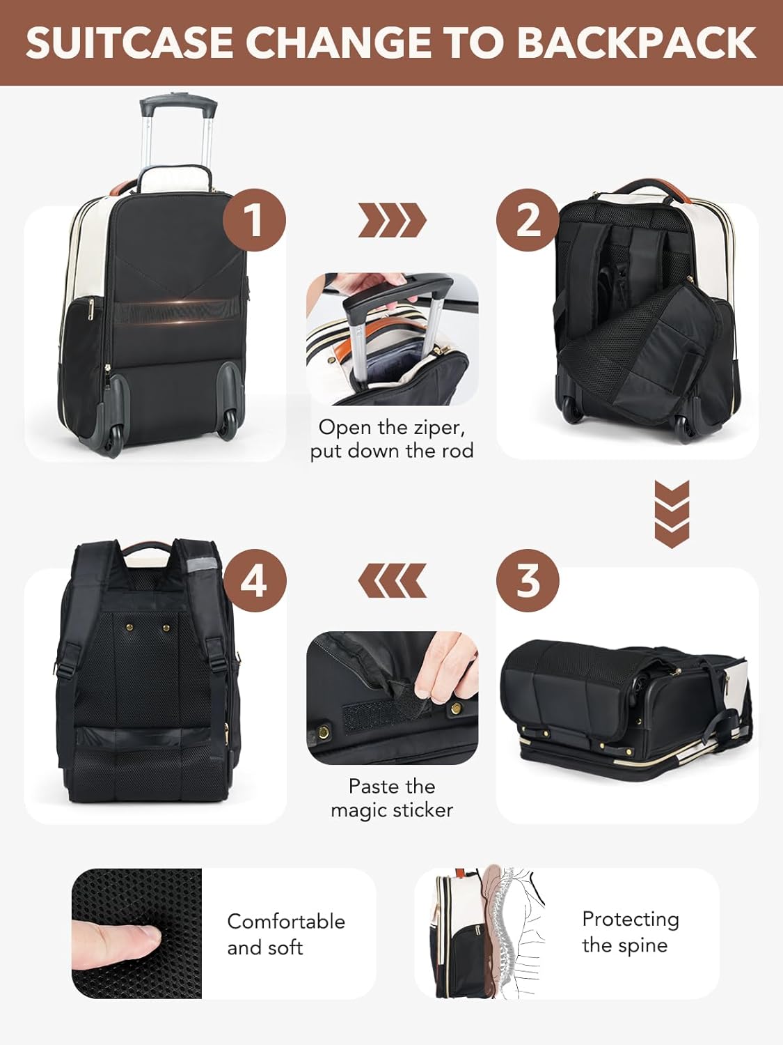 Rolling Backpack for Women, 22 Inch Carry on Luggage Suitcase Flight Approved, X Large Roller Travel Laptop Backpack with Wheels for Overnight Weekender Bussiness Work (Beige,XL Carry on Size)