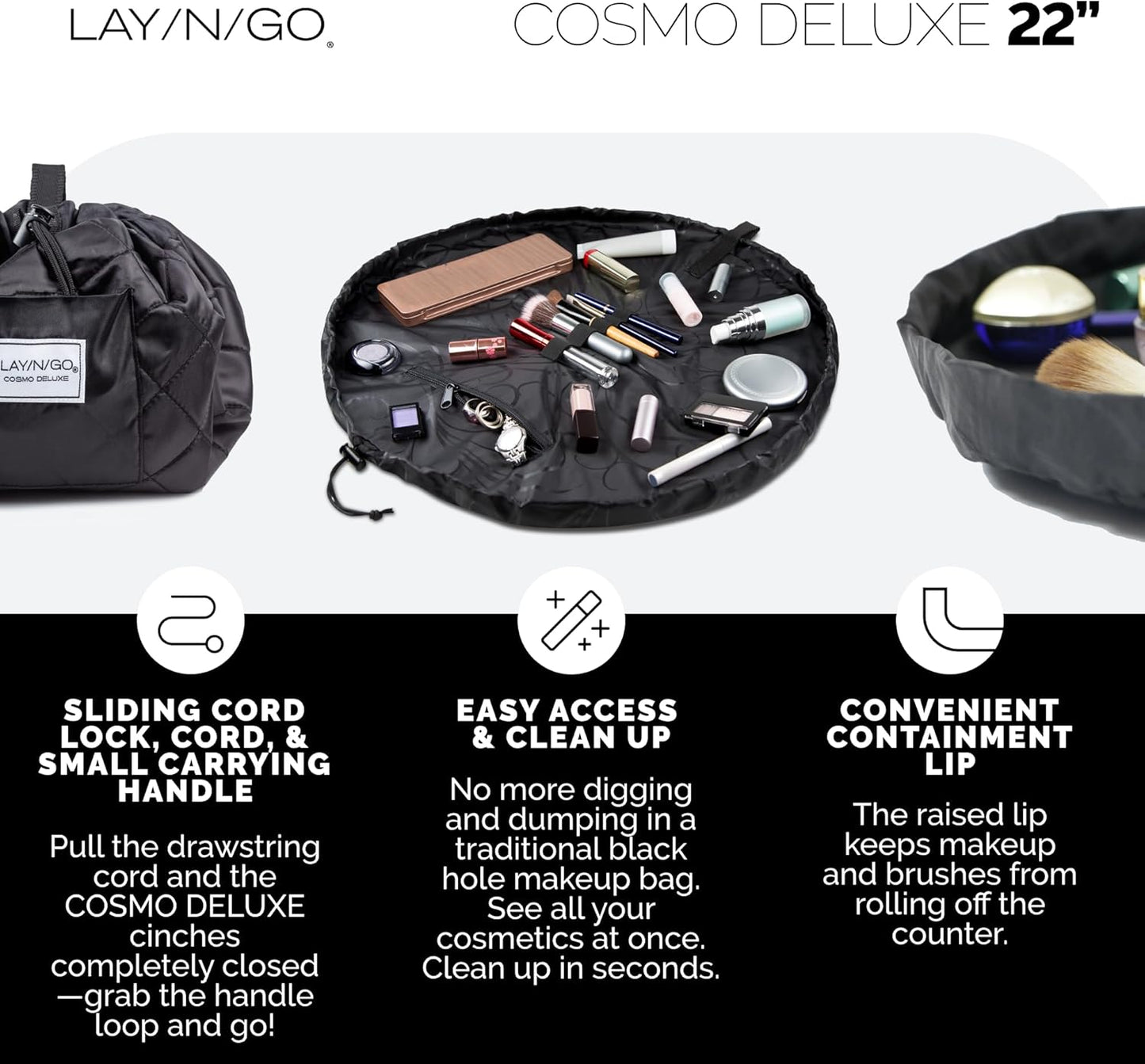 Lay-n-Go Cosmo Layflat Cosmetic & Makeup Bag Organizer - Portable Drawstring Bag w/Zipper Pocket, Brush Storage Loops & More - Durable, Machine Washable Toiletry Bag for Travel (22", Black)