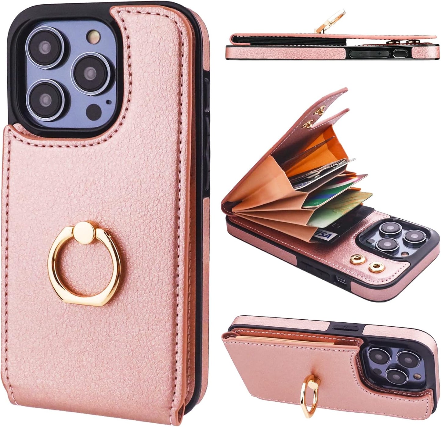 Folosu Compatible with iPhone 14 Pro Case Wallet with Card Holder, 360°Rotation Finger Ring Holder Kickstand, RFID Blocking Leather Protective Double Buttons Shockproof Cover 6.1 Inch Rose Gold