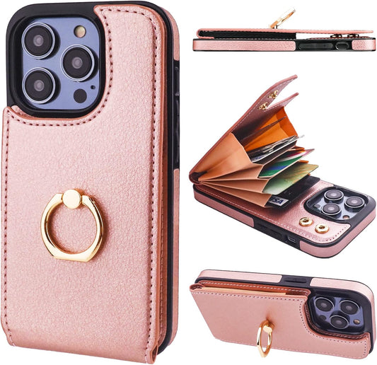 Folosu Compatible with iPhone 14 Pro Case Wallet with Card Holder, 360°Rotation Finger Ring Holder Kickstand, RFID Blocking Leather Protective Double Buttons Shockproof Cover 6.1 Inch Rose Gold
