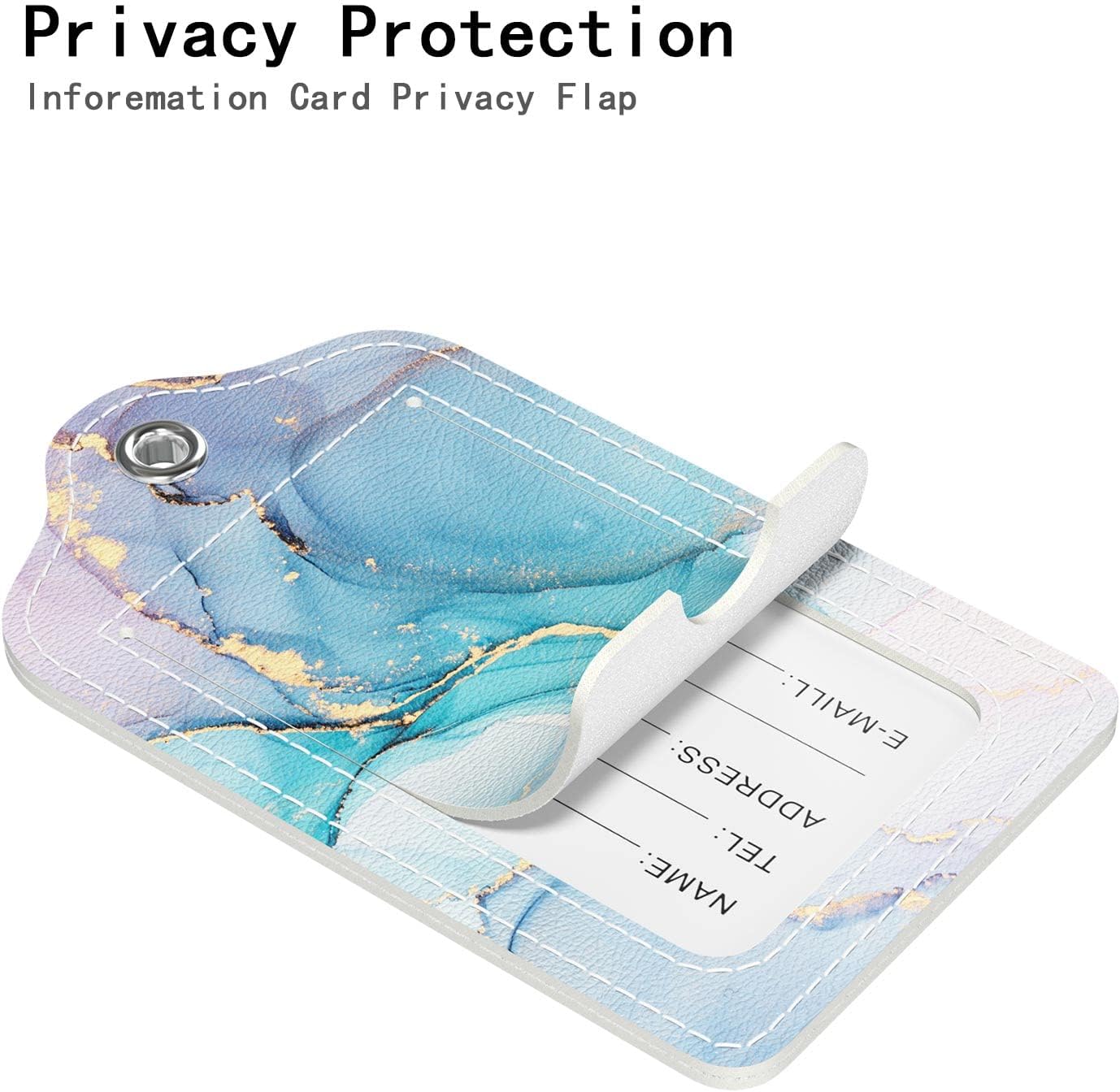 Luggage Tags for Suitcase, 2 Pack PU Leather Travel Cruise Luggage Tag with Privacy Flap, Name ID Label and Metal Loop for Women Men Suitcase Baggage Bag Backpack Instrument, Teal Blue Marble