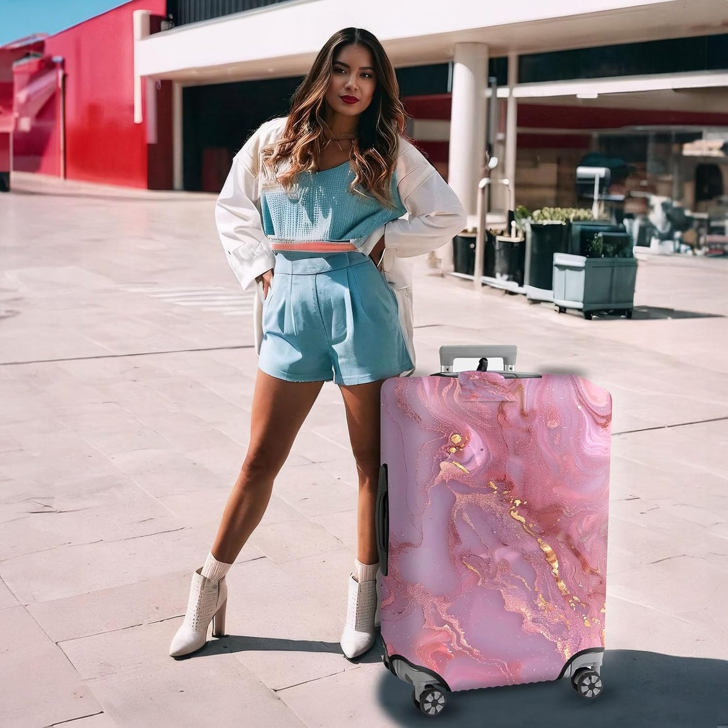 Travel Luggage Cover,Pink Gilt MarbleTheme Suitcase Cover Accessory Kit, Luggage Tag, and Comfortable Luggage Handle Wrap, Washable Luggage Suitcase Protector (25-28 inch,L)