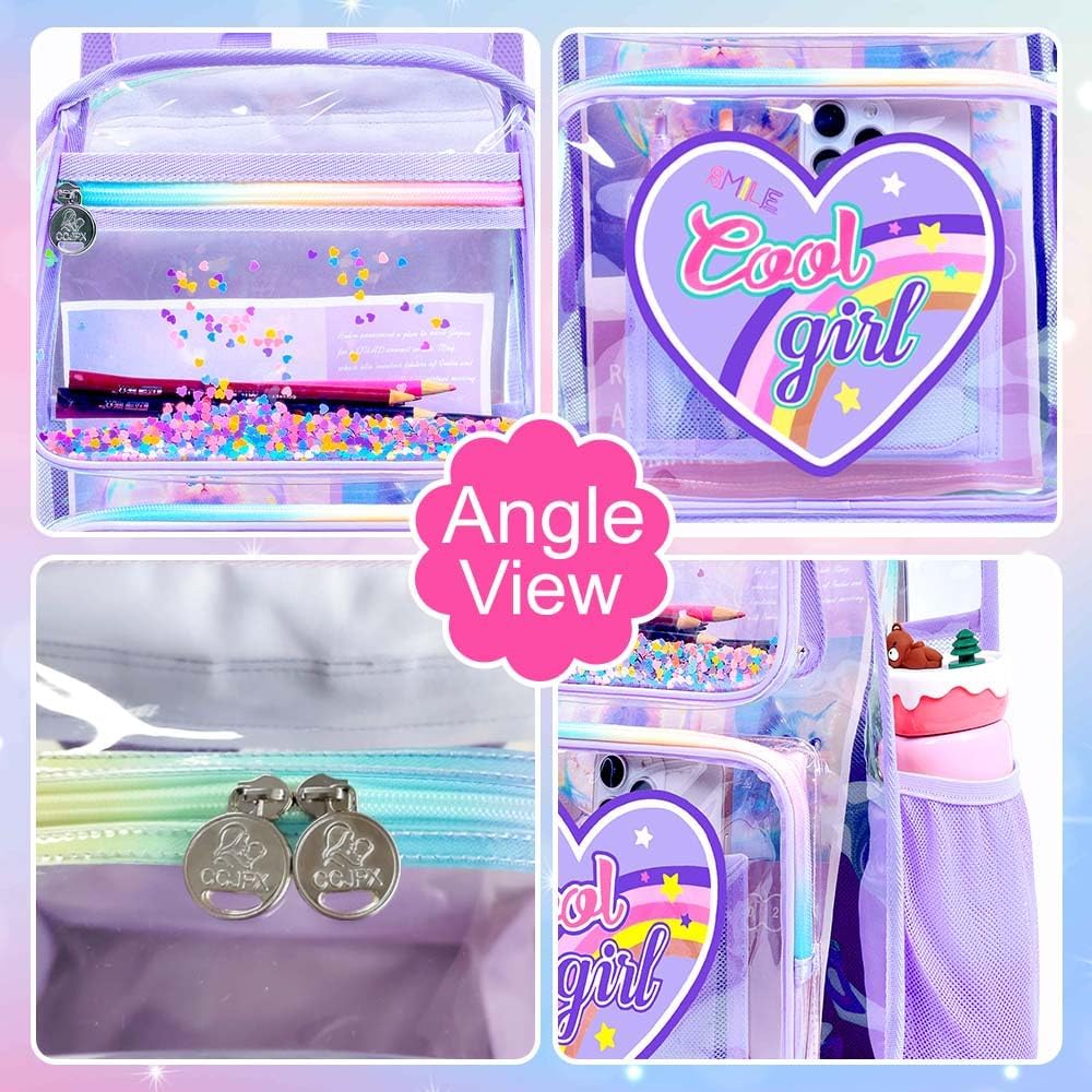 3PCS Girls Clear Backpack Heavy Duty, Cute Sequins See Through School Bag with Handbag, Womens Purple Transparent Bookbag