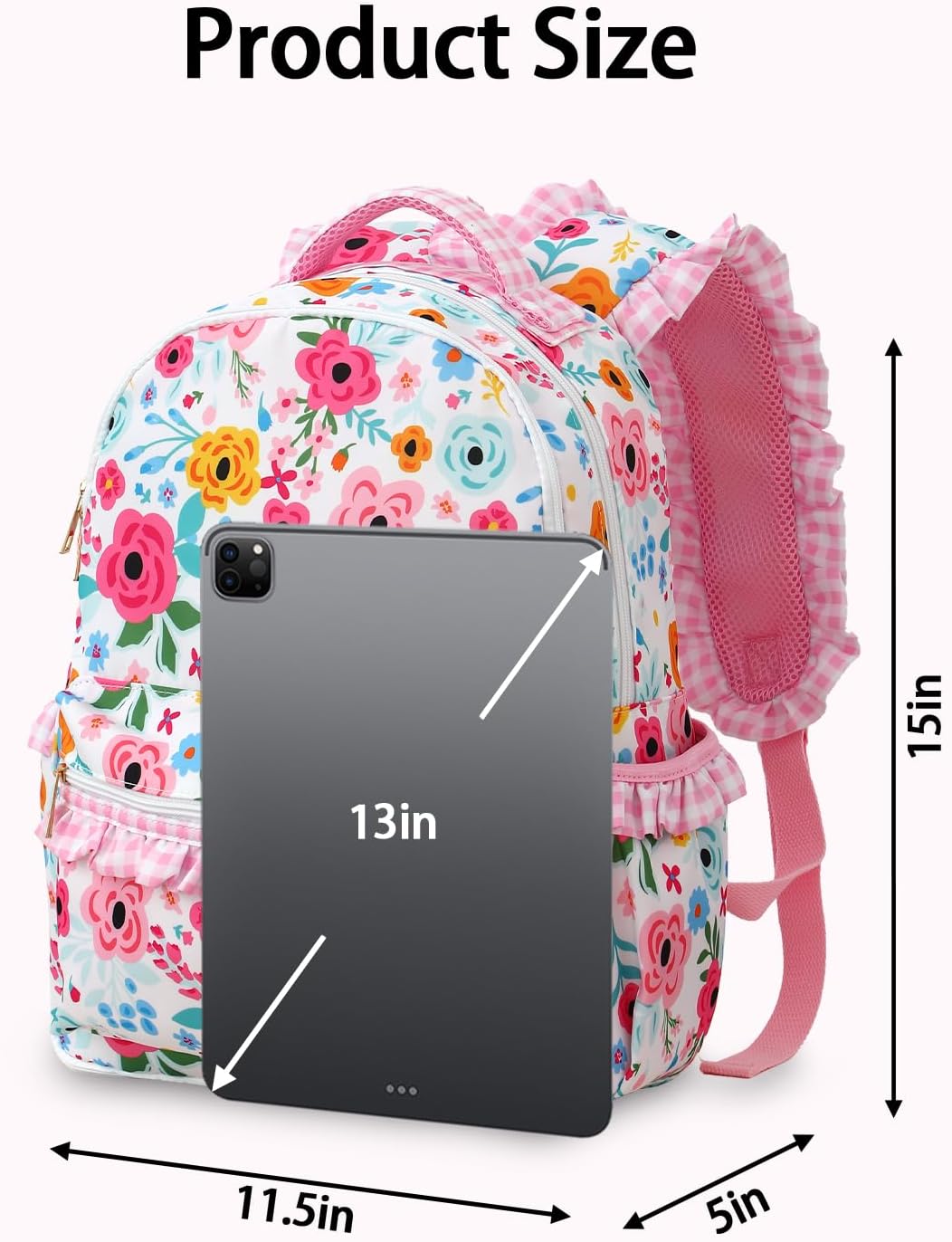 DYSHAYEN Kids Backpack for Girls, 15" Ruffled Backpack for School Kindergarten Bookbag 5-8, Fully Opened Compartment (Flower)
