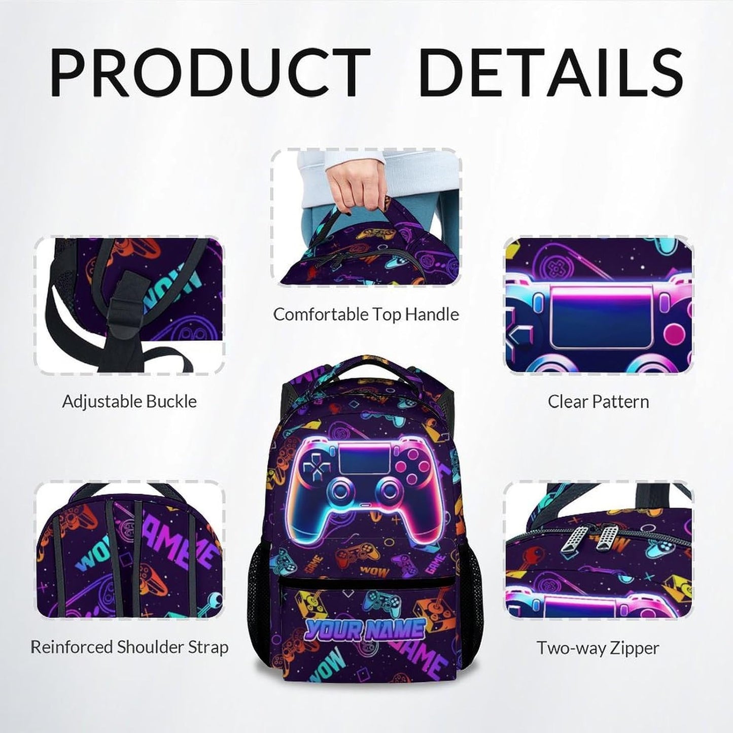Kids Backpack - 17 Inch Custom Gamer Backpack for Boys Girls - Personalized Cool Gaming School Bag for Primary Middle