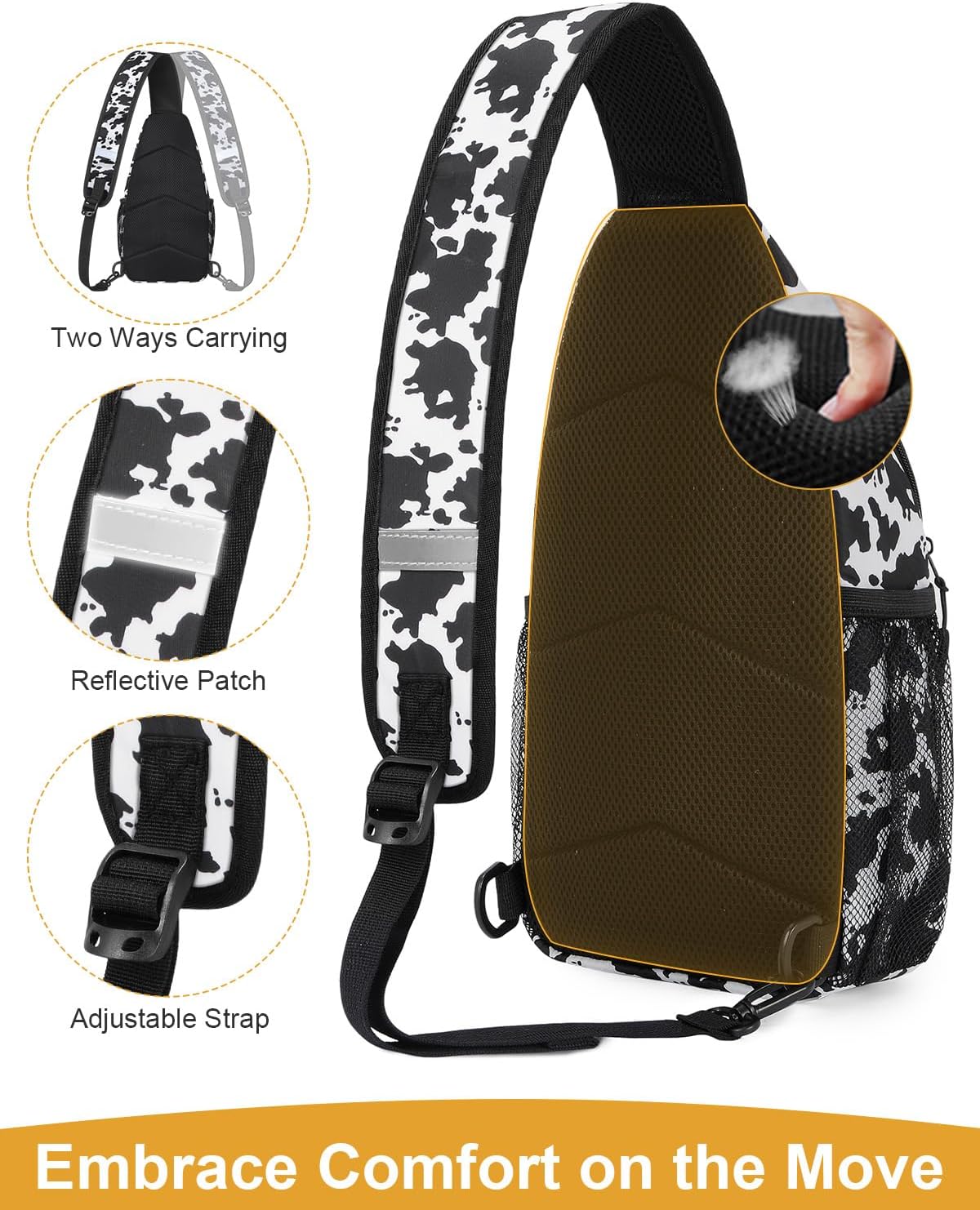 Medium Crossbody Bags for Women Man Waterproof Sling Bag Backpack with Convertible Shoulder Strap Chest Bag for Camping Hiking Travel Essentials (Cow Print)