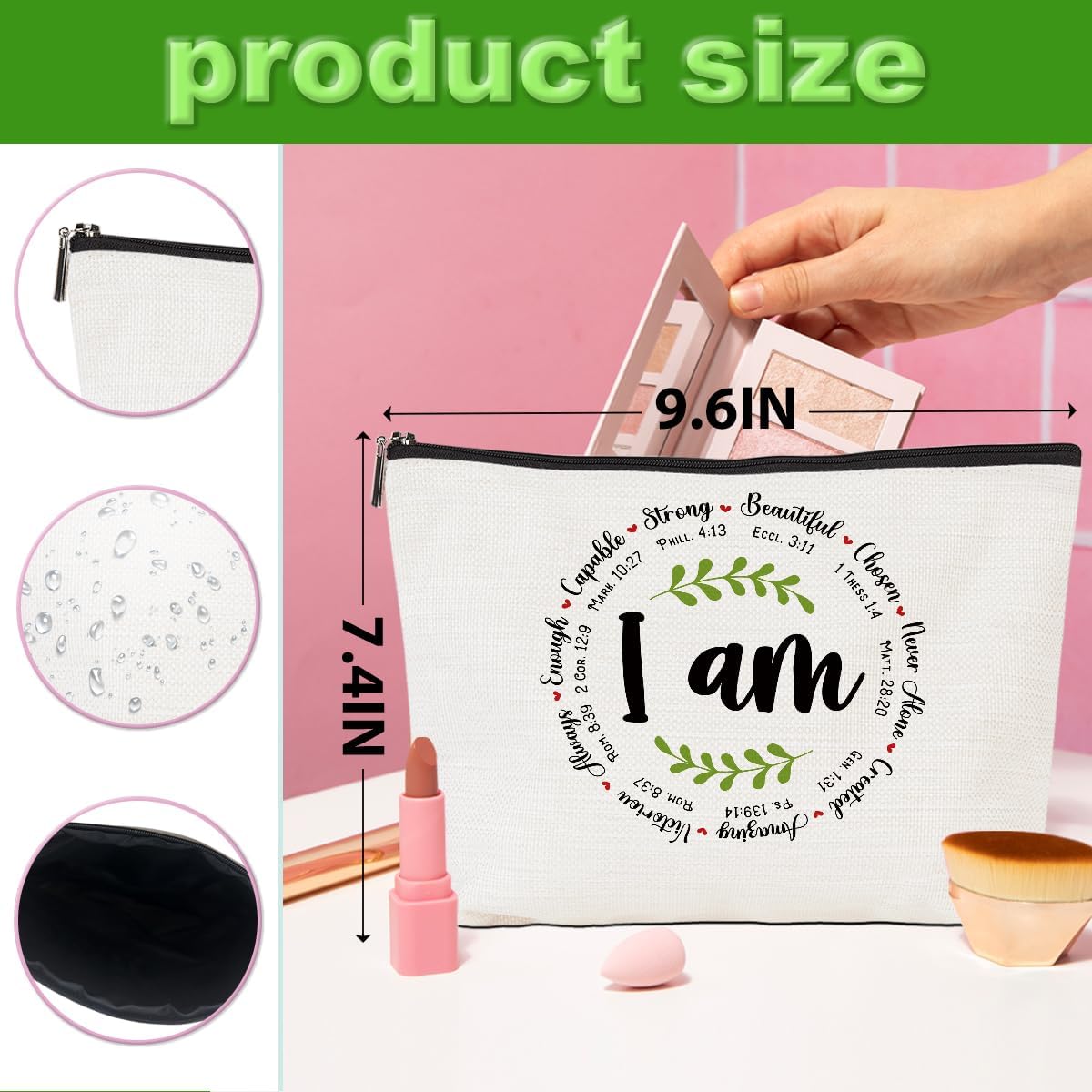 2pcs Inspirational Bible Verse Makeup Bag, Christian Quotes Motivational Cosmetic Bag Religious Sayings Christmas Birthday Bible Gifts for Women Friend Girls