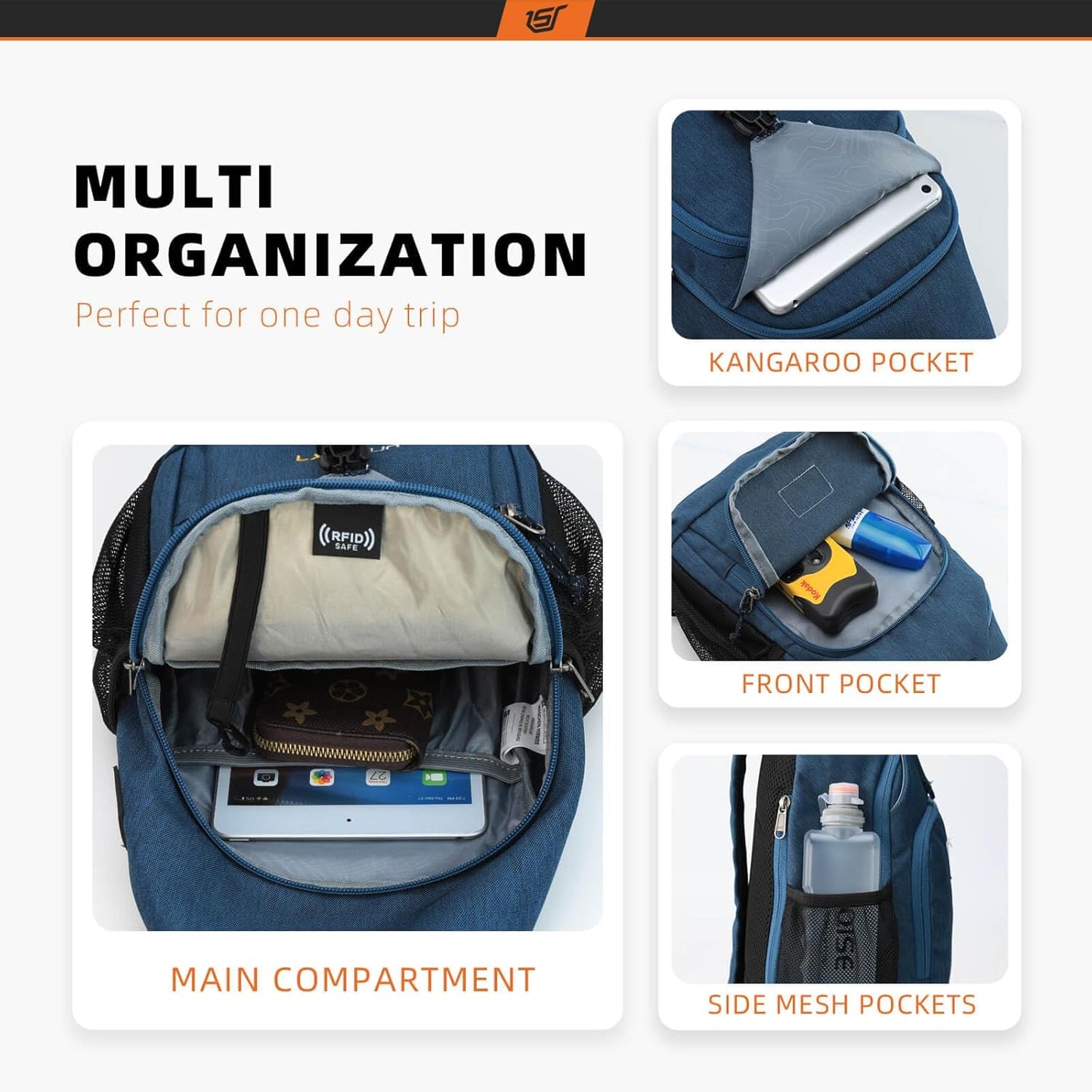 SKYSPER Sling Bag RFID Crossbody Sling Backpack Cross Body Shoulder Bag Travel Hiking Daypack for Women Men(Blue)