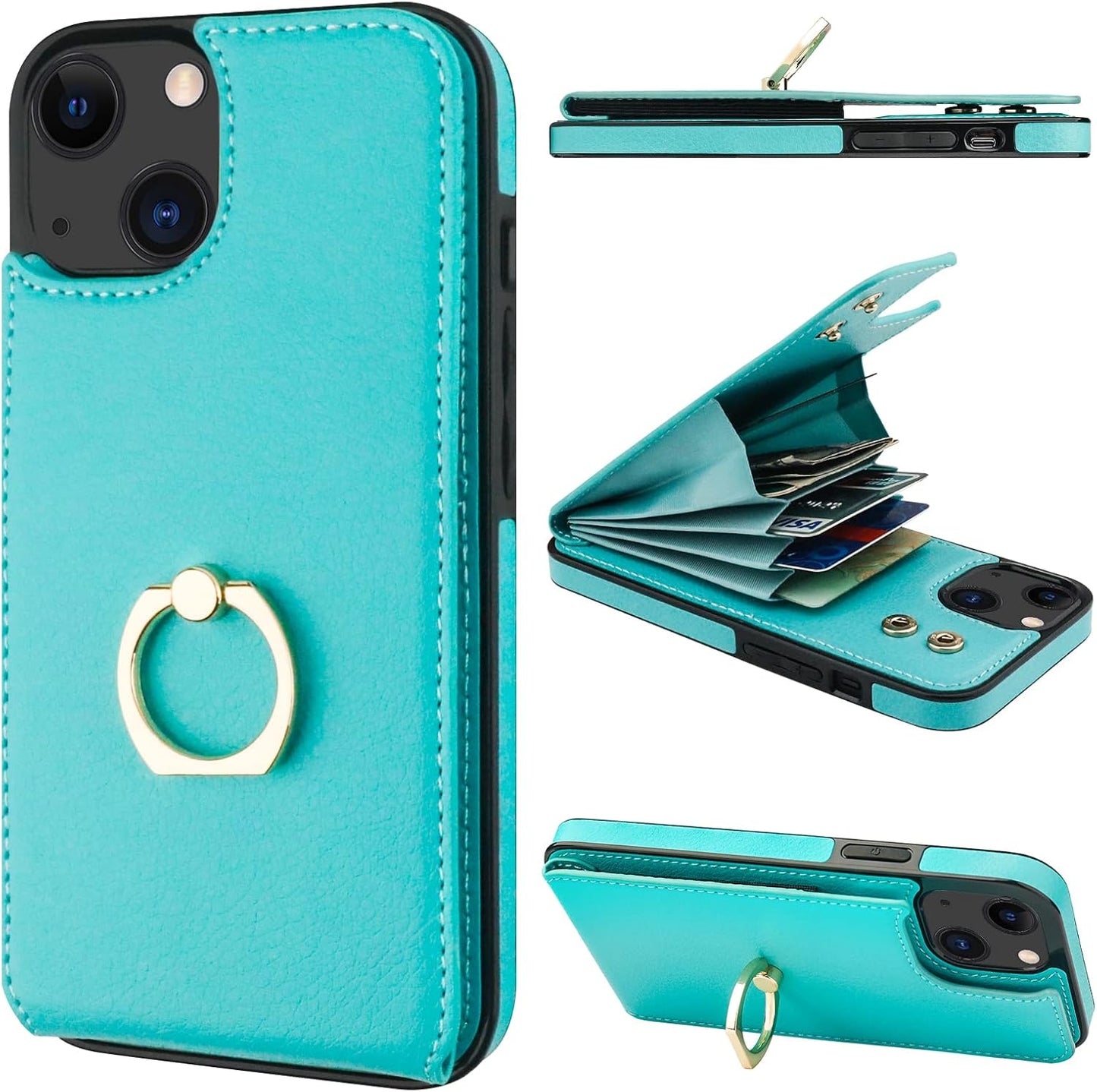 Folosu Compatible with iPhone 14 Case Wallet with Card Holder, 360°Rotation Finger Ring Holder Kickstand, RFID Blocking Leather Protective Double Buttons Shockproof Cover 6.1 Inch Green