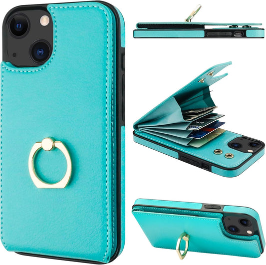 Folosu Compatible with iPhone 14 Case Wallet with Card Holder, 360°Rotation Finger Ring Holder Kickstand, RFID Blocking Leather Protective Double Buttons Shockproof Cover 6.1 Inch Green