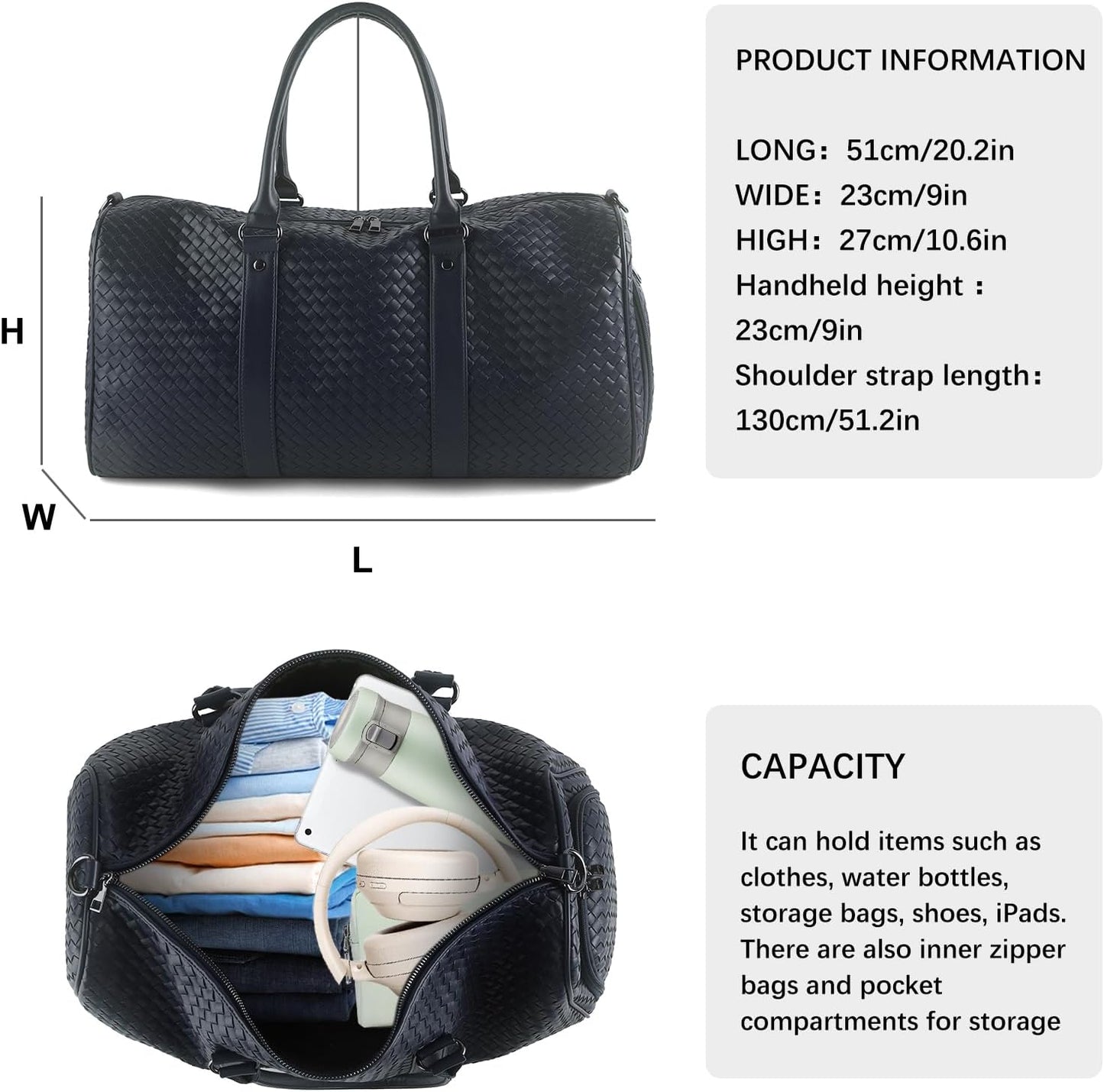 Weekender Bags for Women Woven Leather Travel Duffel Bag with Shoe Compartment, Carry On Garment Bag for Men Women, Large Capacity Water-resistant Gym Tote (Dark Blue)