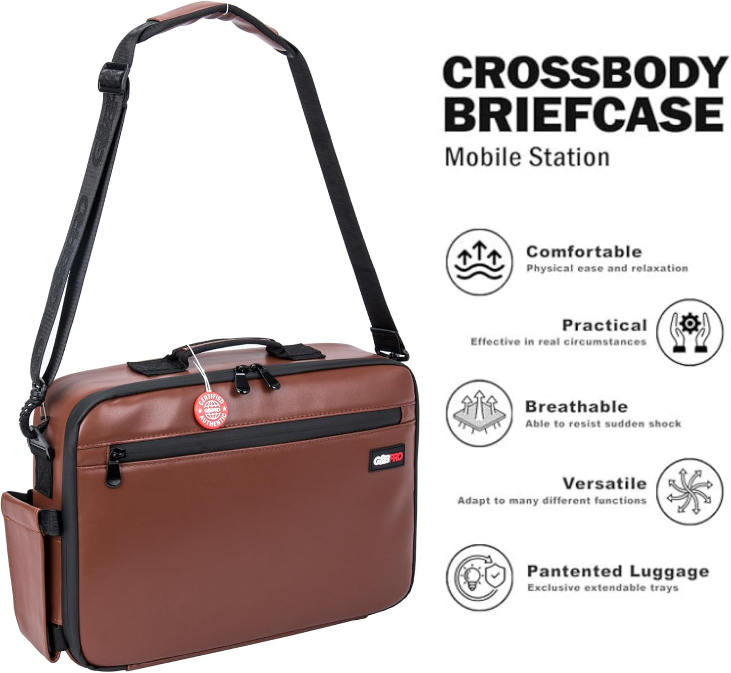 G&bpro Crossbody Briefcase with Extending Tray System | All-In-One Mobile Workstation Laptop Travel Bag with Expandable Storage & Organizer Compartments - Brown/leather with Black Zipper
