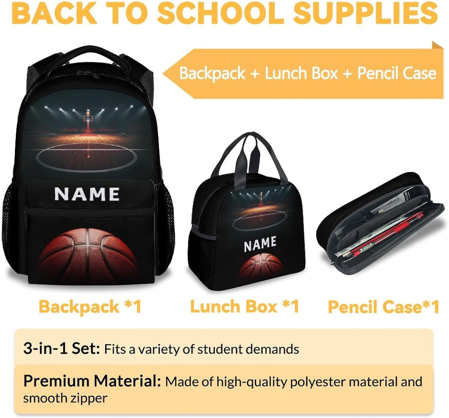 Mercuryelf Custom Basketball Backpack with Lunch Box And Pencil Case, Personalized Elementary Kindergarten School Preschool Bookbag for Boys Girls Kids, Set of 3