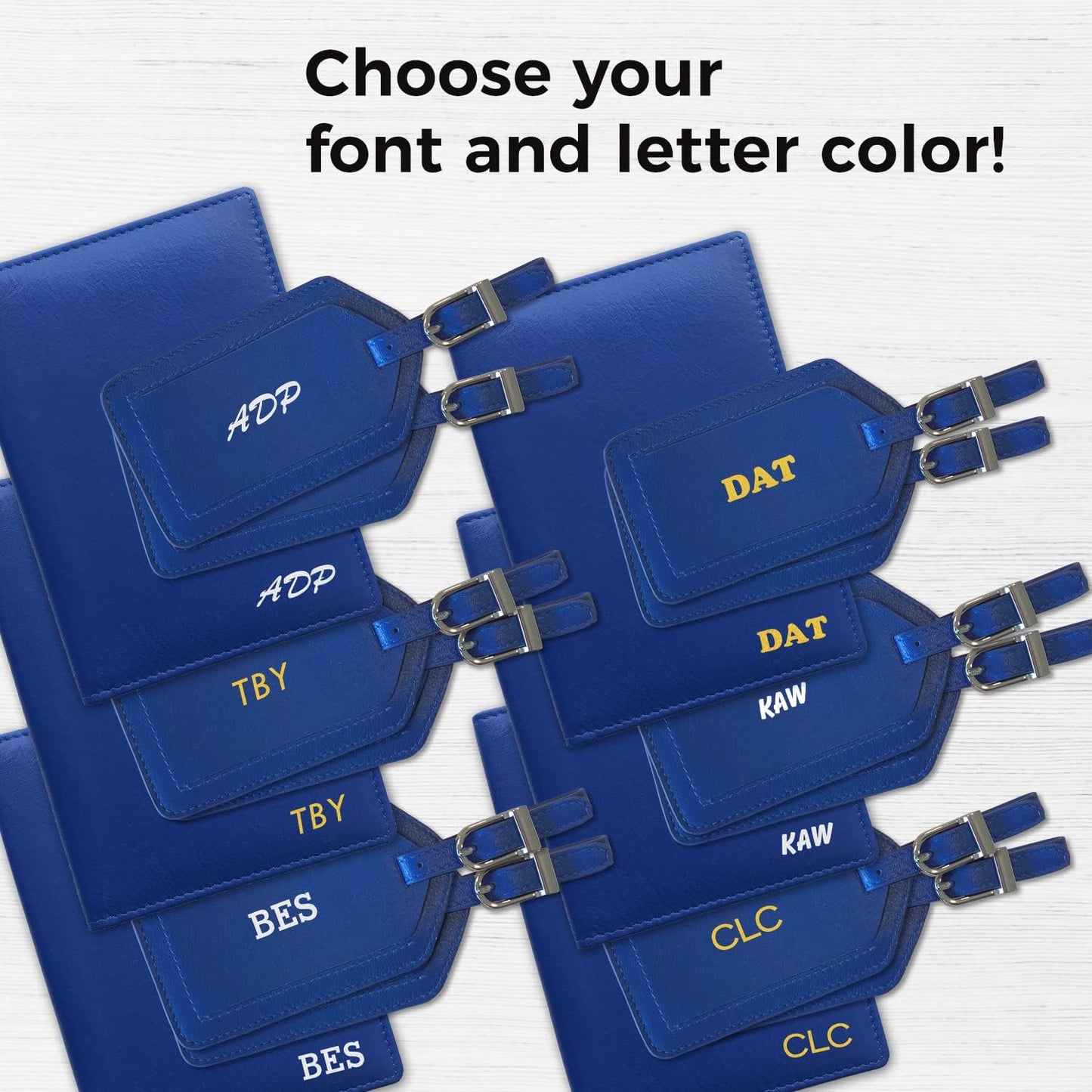 Personalized Monogrammed Cobalt Blue Leather RFID Passport Wallet and 2 Luggage Tags