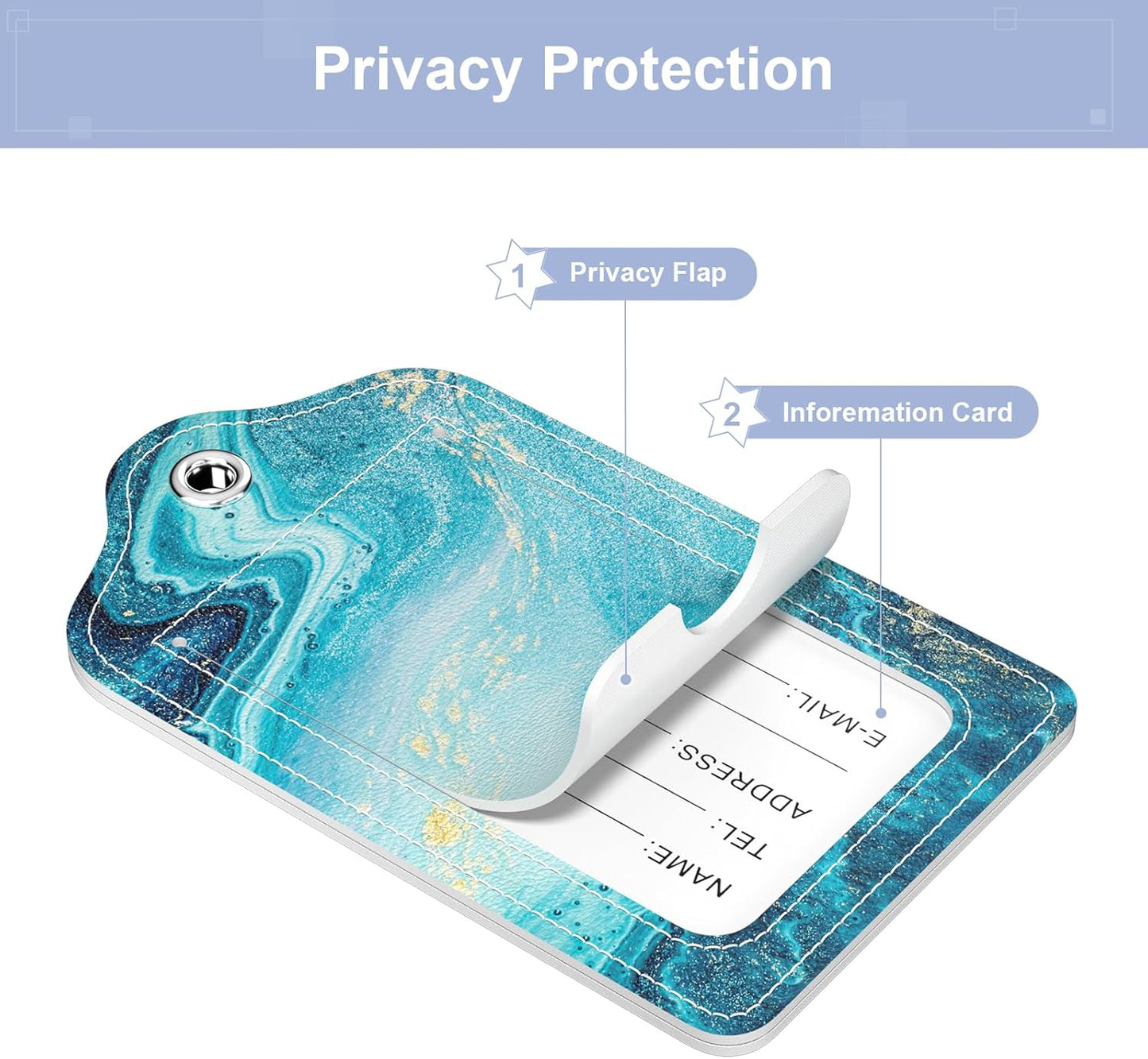 2 Pack PU Leather Luggage Tags for Suitcase, Travel Cruise Luggage Tag with Privacy Flap, Name ID Label and Metal Loop for Women Men Baggage Handbag School Bag Backpack, Blue Ocean Marble