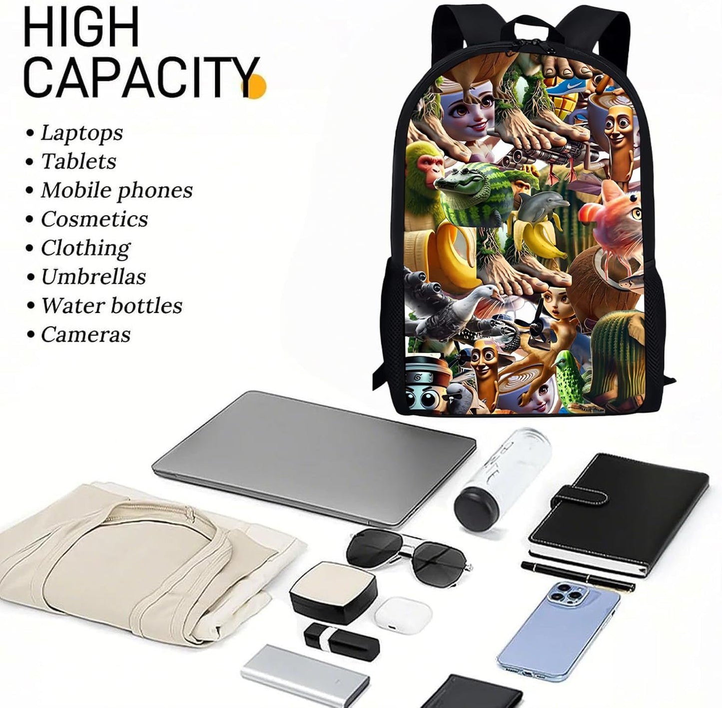  3PCS Italian Brainrot Casual Large Daypack Backpack,17in Shoulder Waterproof Lightweight Daypack Gifts (Color 7)