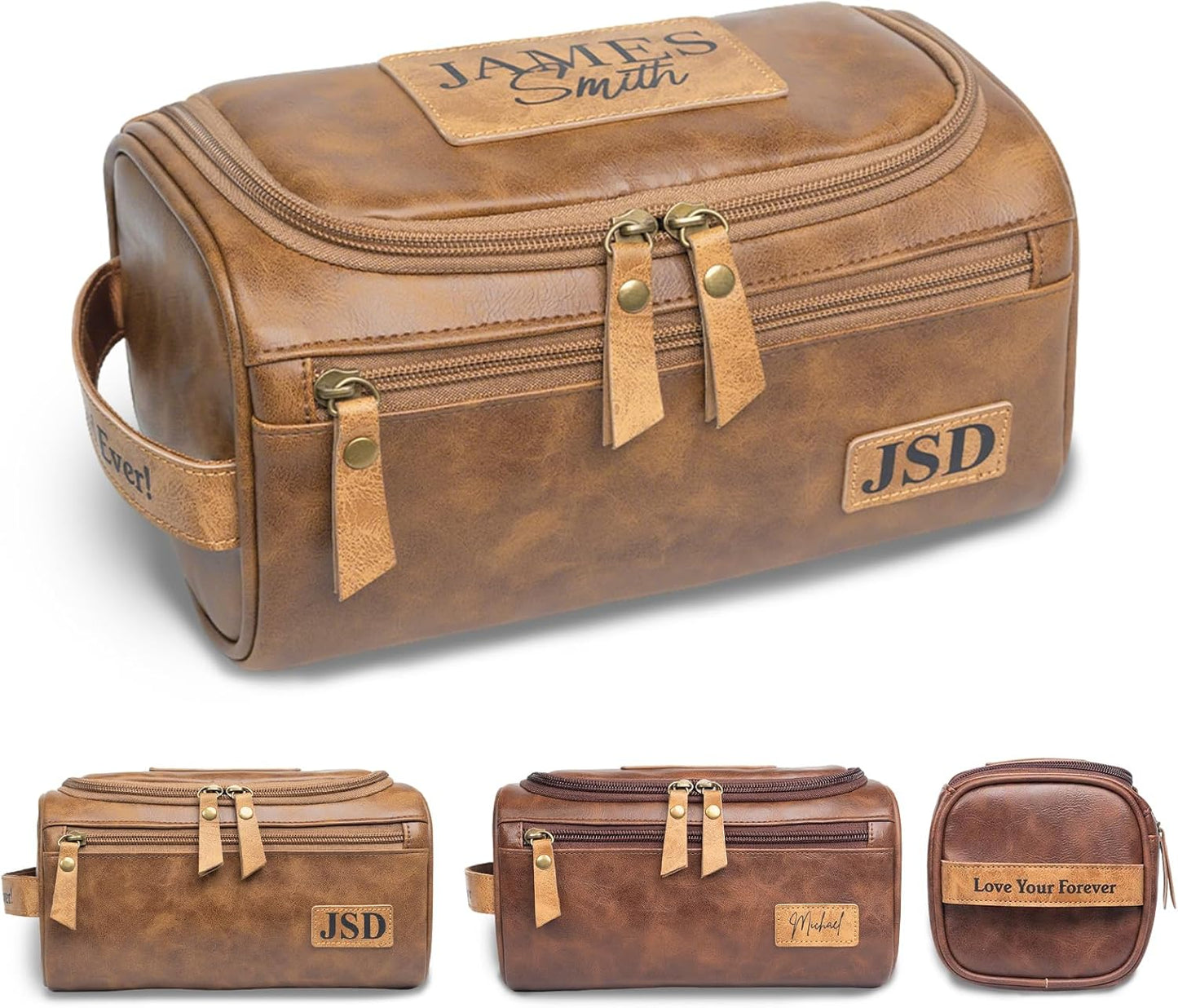 Bleggeit Personalized Toiletry Bag for Men, Laser Engraving on Leather Label, Waterproof PU Leather Toiletry Bag, Men's Travel Accessories, Gifts for Men, Dad, Husband, Boyfriend, Birthday Xmas Gifts