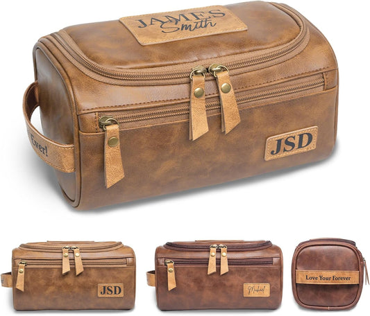 Bleggeit Personalized Toiletry Bag for Men, Laser Engraving on Leather Label, Waterproof PU Leather Toiletry Bag, Men's Travel Accessories, Gifts for Men, Dad, Husband, Boyfriend, Birthday Xmas Gifts