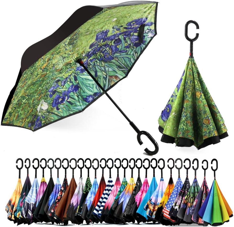 SIEPASA 49/56 Inch Inverted Reverse Upside Down Umbrella, Extra Large Double Canopy Vented Windproof Waterproof Stick Golf Umbrellas with C-shape Handle.