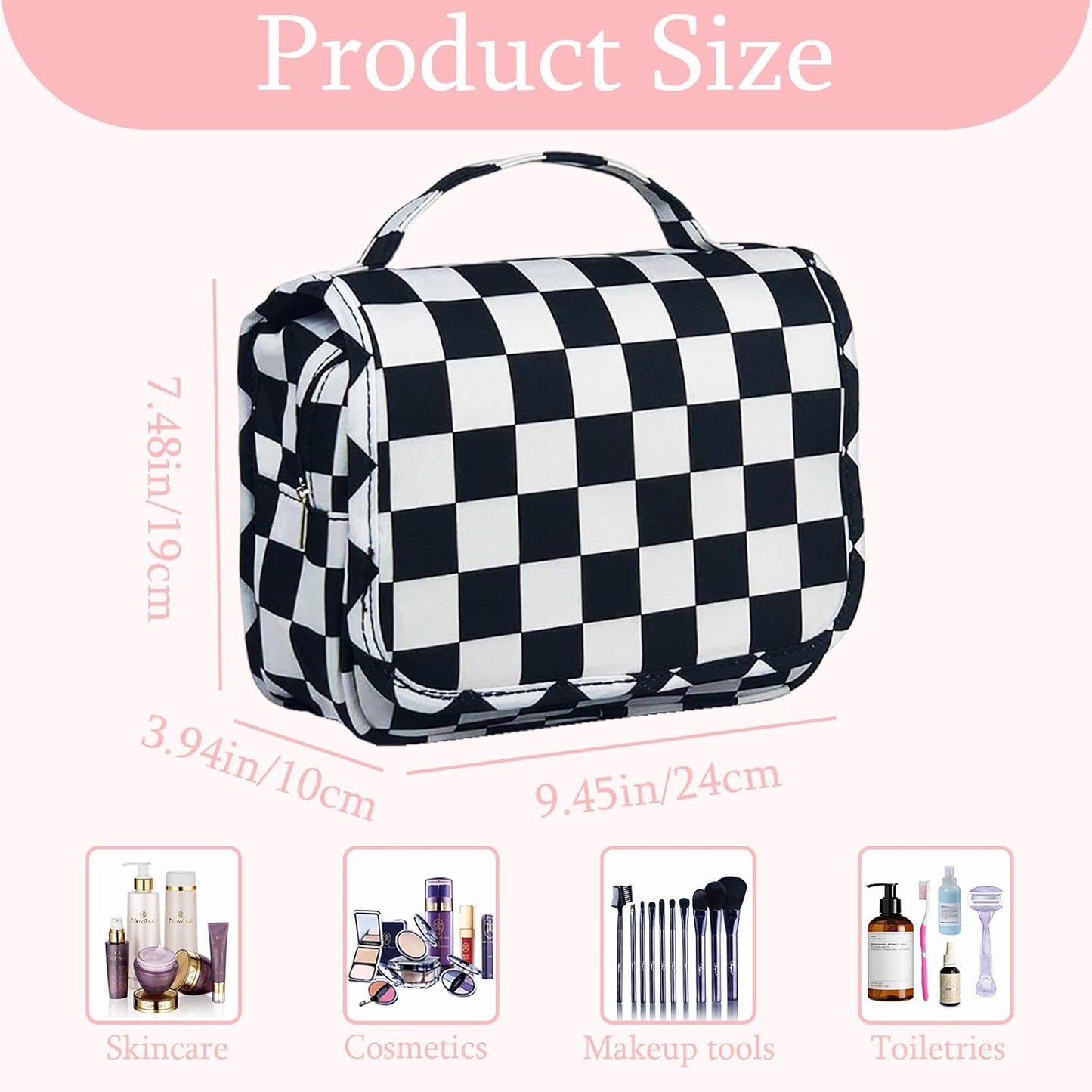 Crazy Bison Hanging Travel Toiletry Bag Kit Makeup Bag Cosmetics Organizer for Men Women (Black & White Checkerboard)
