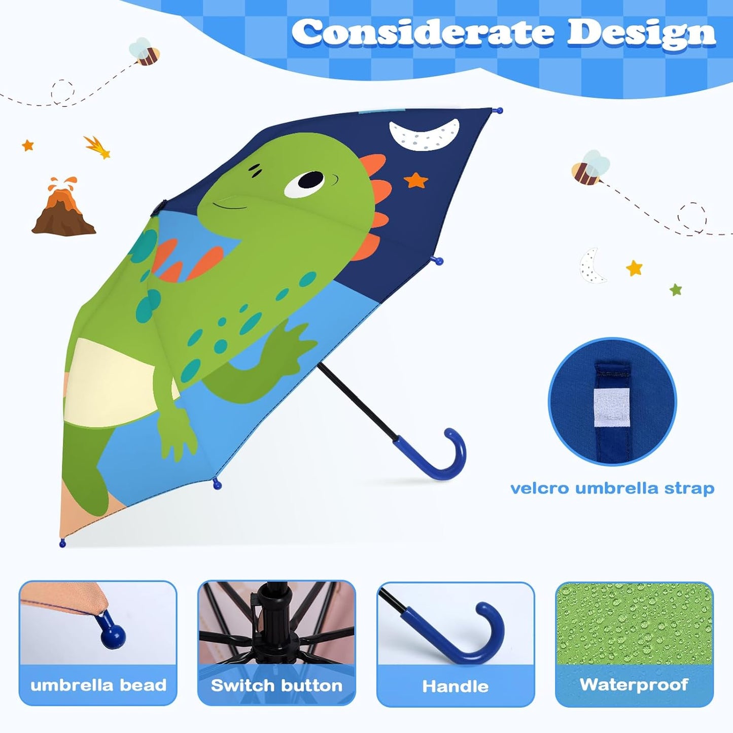 Kids Umbrella, Safety Windproof Umbrella with Easy-Grip Hook Handle for Toddler Girls and Boys