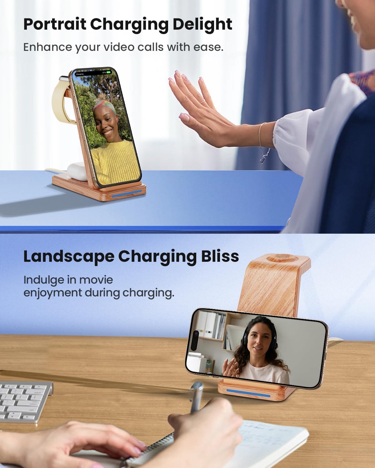 Wireless Charging Station, 3 in 1 Wireless Charger Stand for Multiple Apple Devices, Charging Dock for iPhone 16 15 14 13 12 11 Pro Max XS 8, Apple Watch 8 7 6 SE 5 4 3 2, 3/2/Pro, Wood