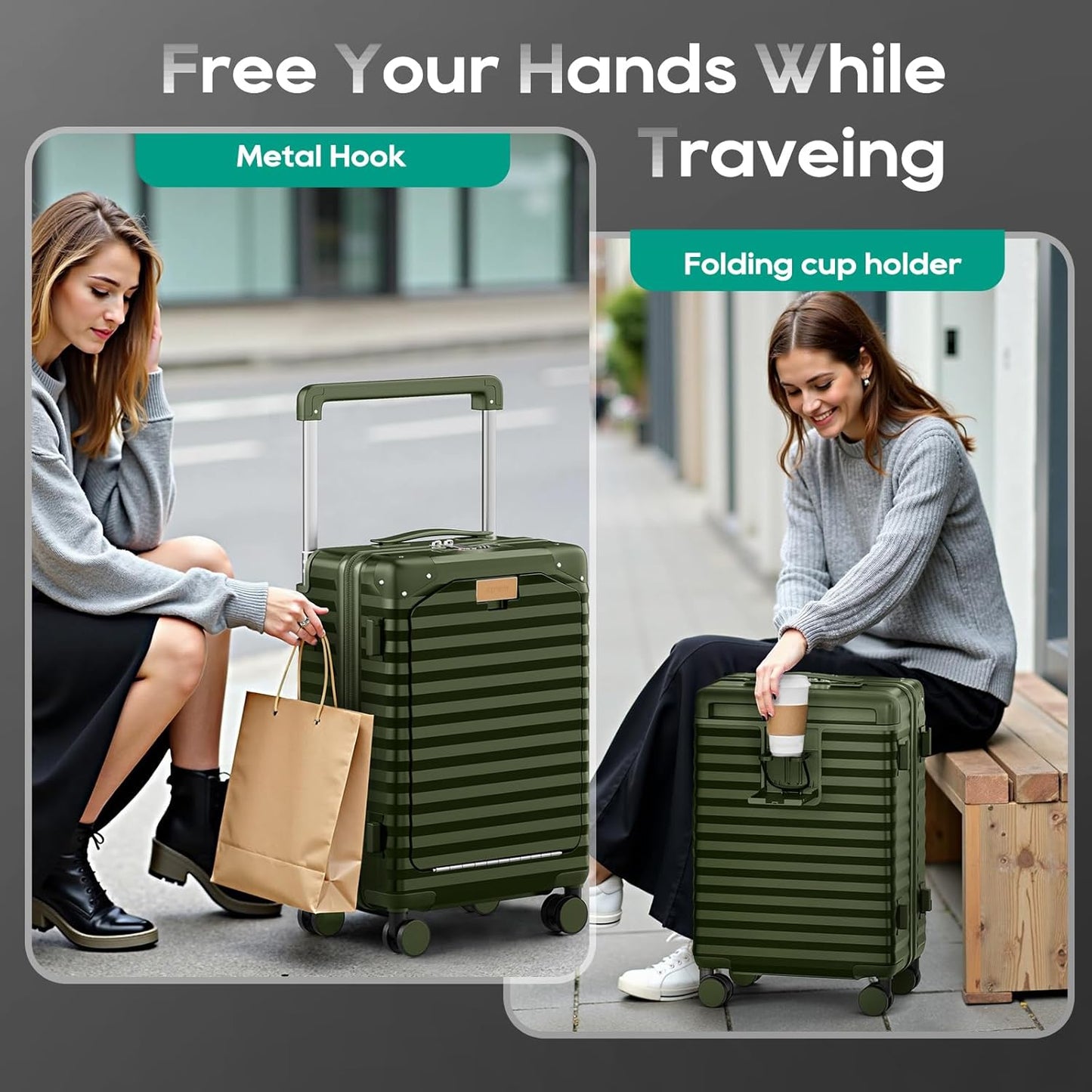 Joyway 20 Inch Carry on Luggage with Front Pocket, PC Hardshell Carry-on Suitcase with USB Port and Cup Holder, 21.5x14.2x9 Airline Approved, Luggage with Spinner Wheels and TSA Lock(Dark Green)