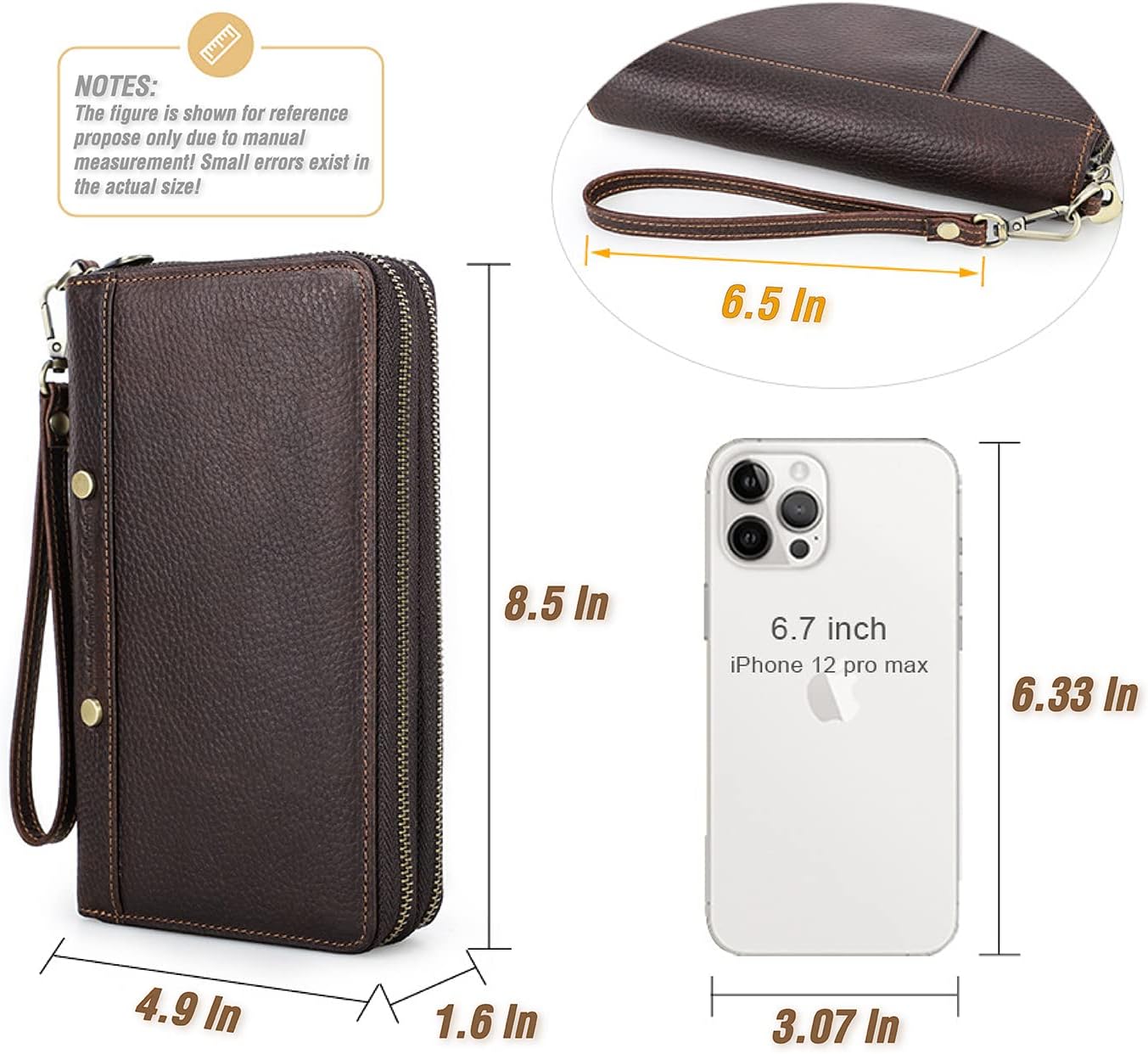 Top Grain Genuine Leather Clutch Wallet with Wristlet for Man & Woman, Handmade Vintage Design, Multi Pockets & Side Pocket & Slots, RFID Large Capacity for Cards/Checks/Money/Passport/Pen, Red Coffee